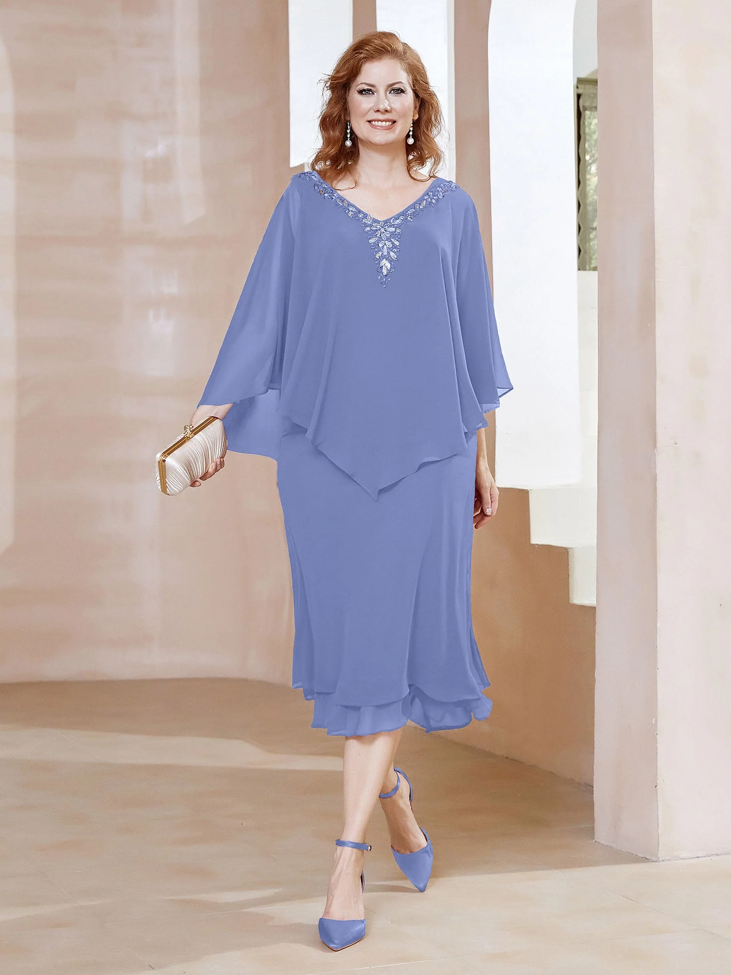 Chiffon V-Ausschnitt Flatterärmel Kleid Periwinkleblau Übergröße