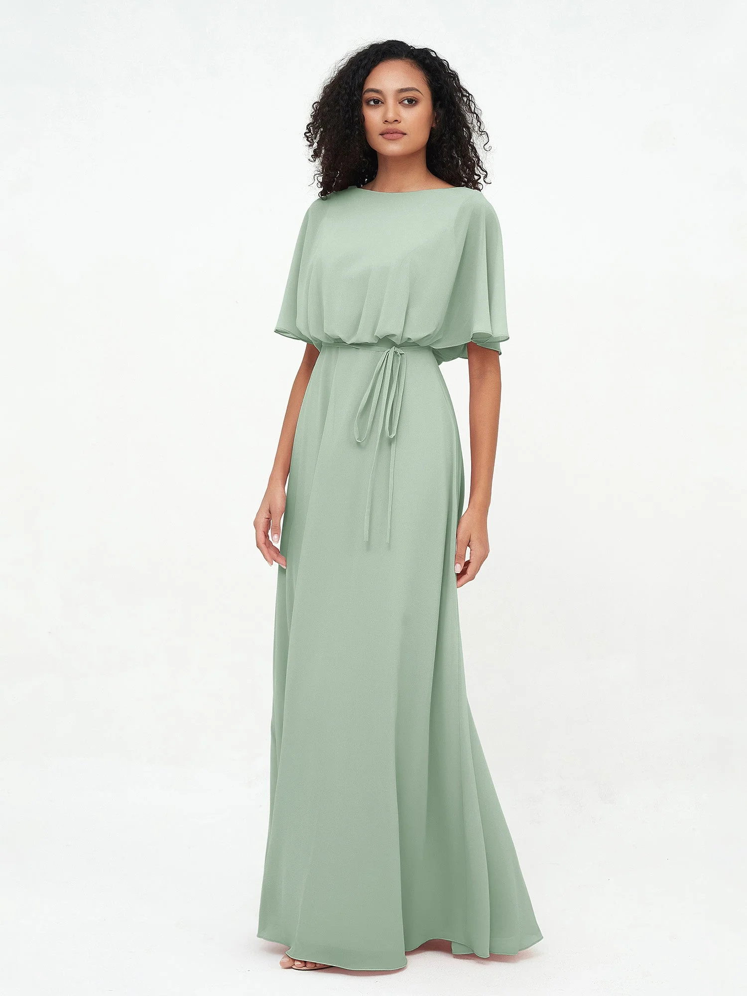 Chiffon Voll Lang Brautjungfernkleider mit Wrap Agavengrün