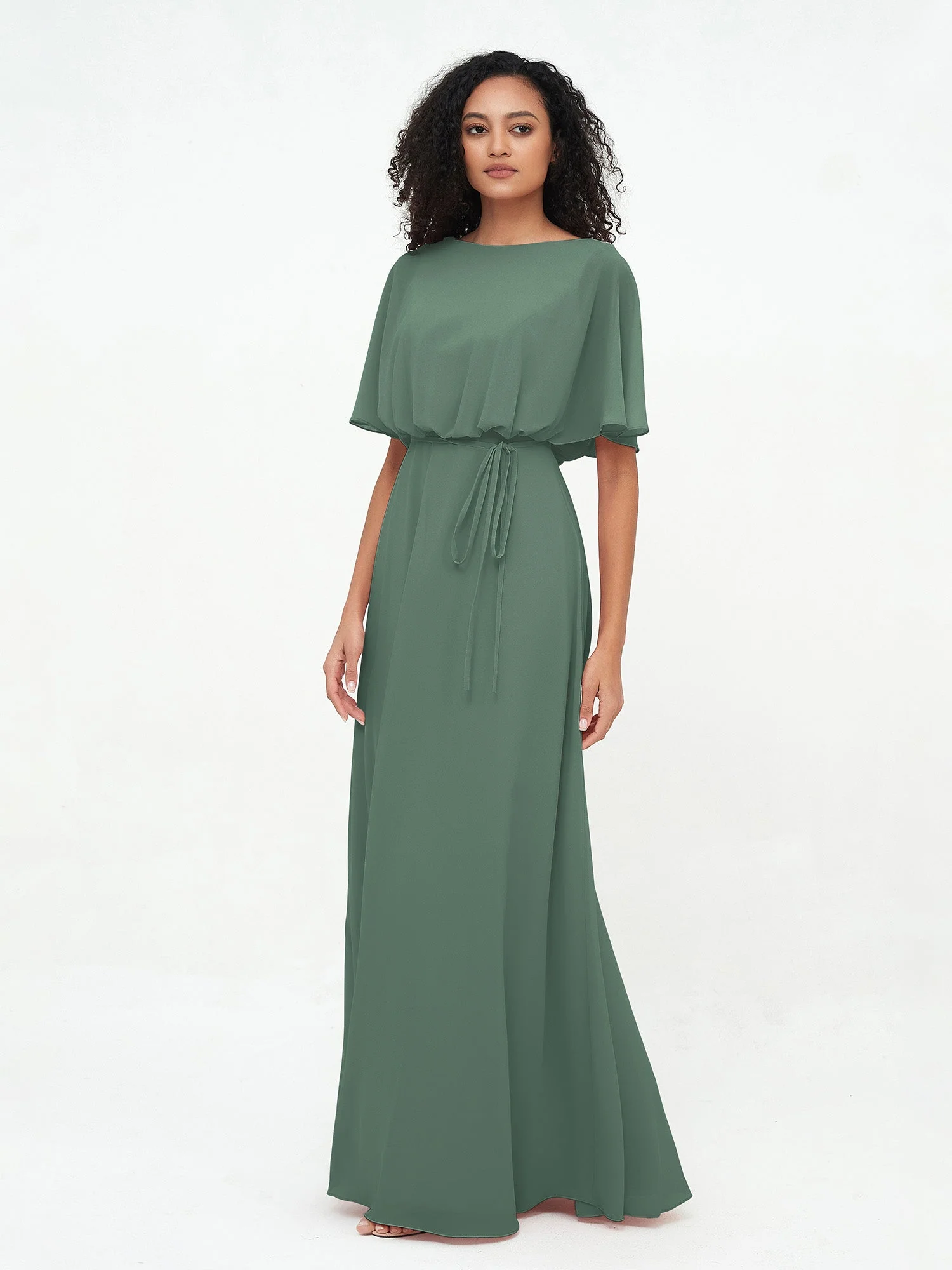 Chiffon Voll Lang Brautjungfernkleider mit Wrap Eukalyptus
