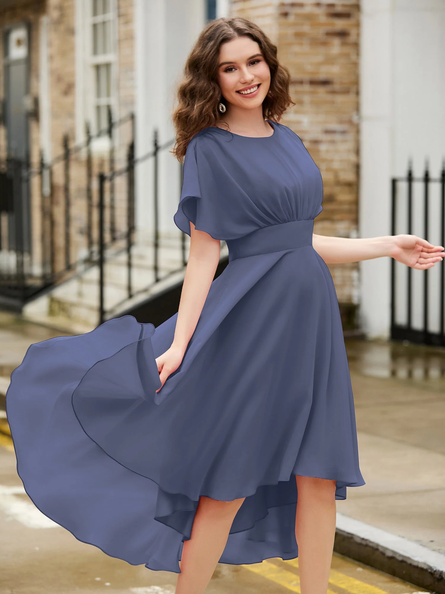 Chiffonkleid mit schwingenden Ärmeln und Juwelenausschnitt Periwinkleblau - Image 3