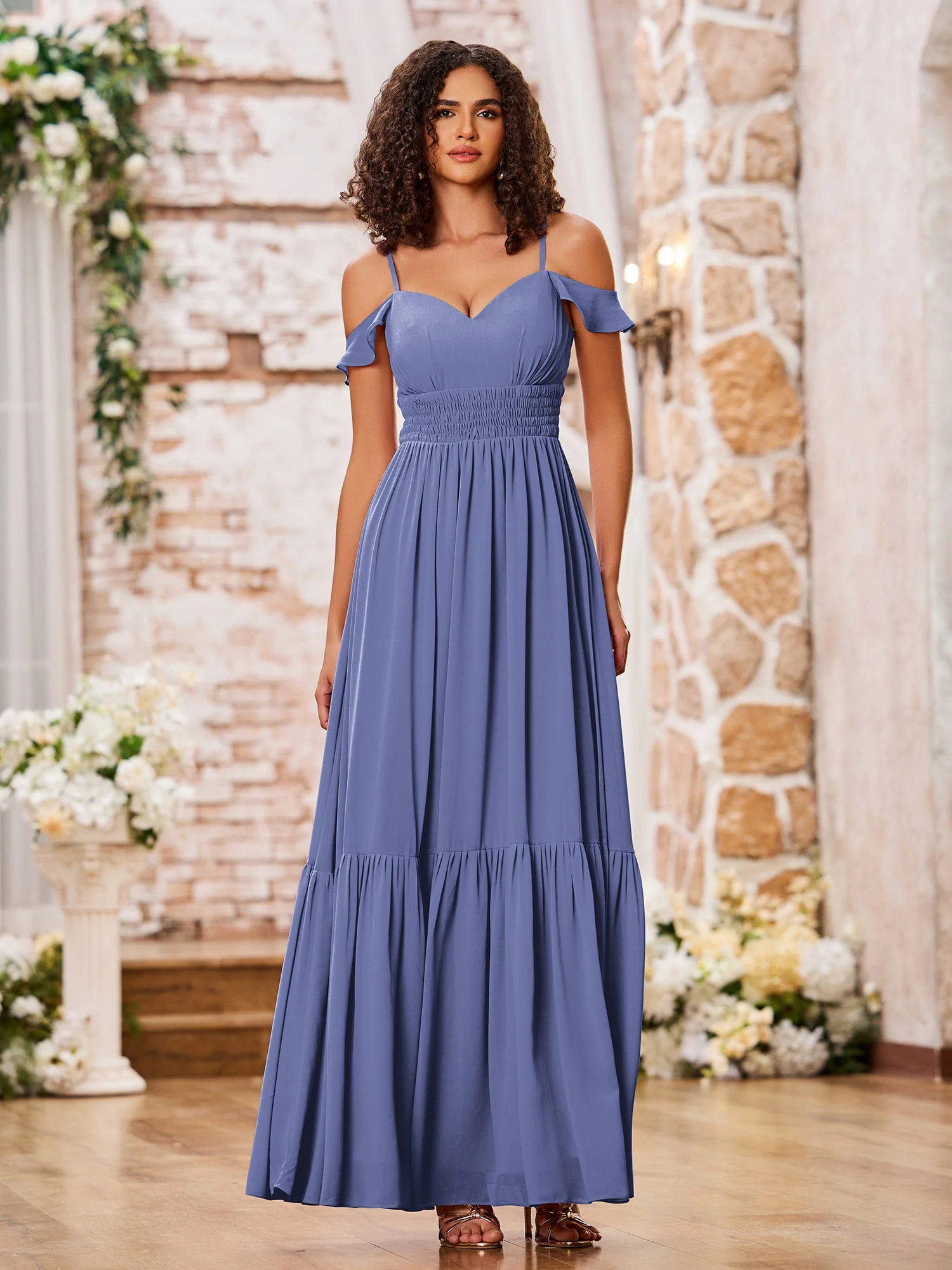 Chiffonkleider mit Stufenrock und elastischer Taille Periwinkleblau