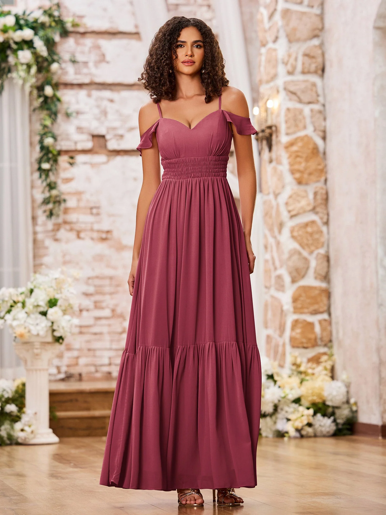 Chiffonkleider mit Stufenrock und elastischer Taille Zimtrose