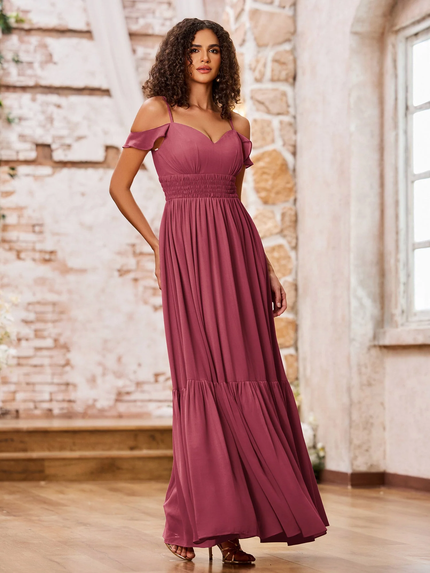 Chiffonkleider mit Stufenrock und elastischer Taille Zimtrose - Image 3