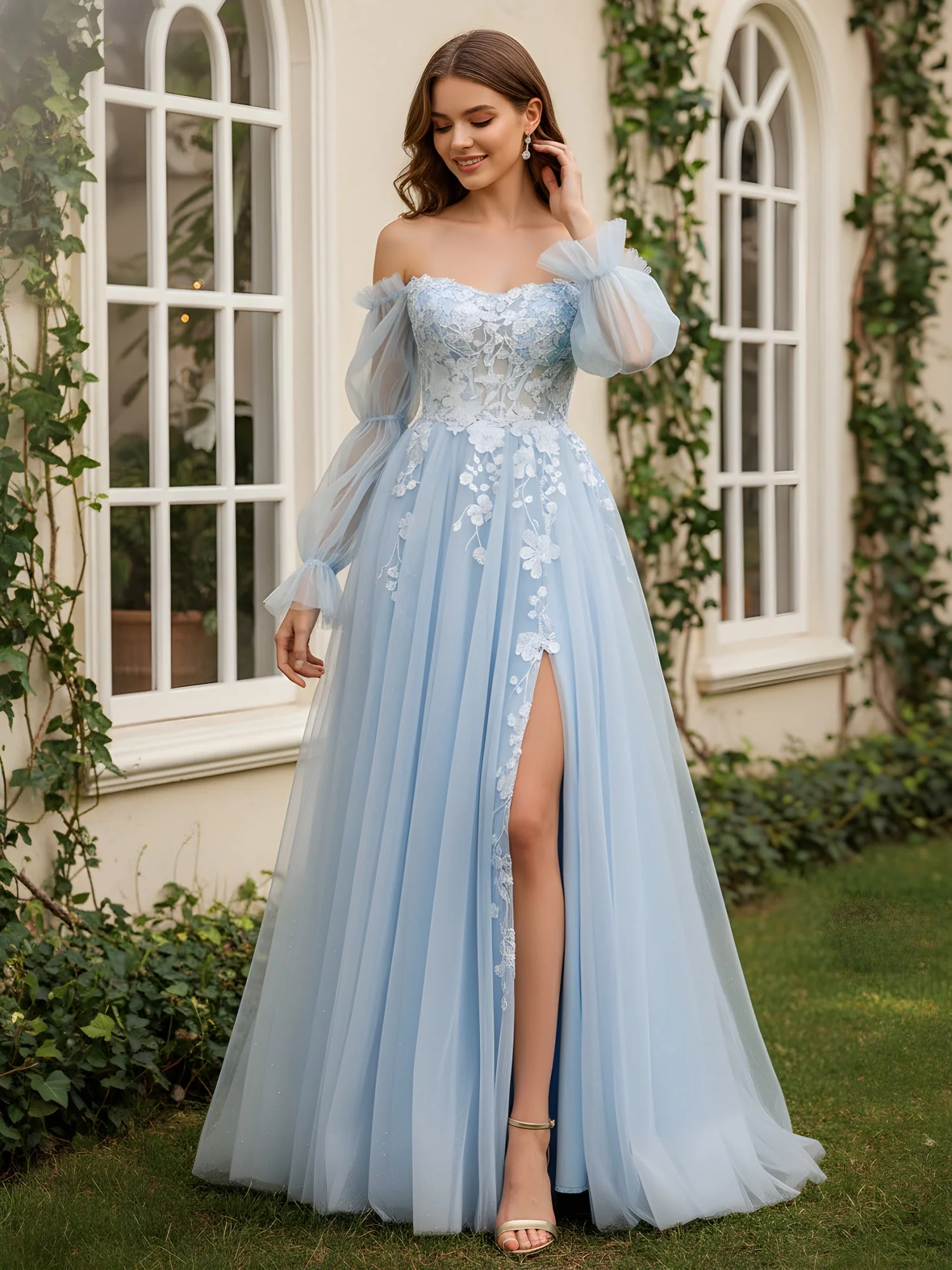 3D Blumen Applique Schulterfrei Tüll Kleid Himmelblau