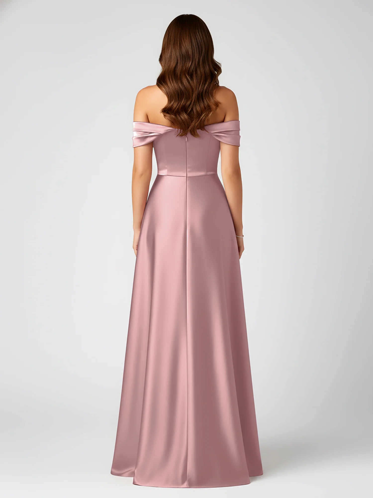 Schulterfrei Gefaltete Ärmel A-Linie Satinkleid Vintage Mauve - Image 2