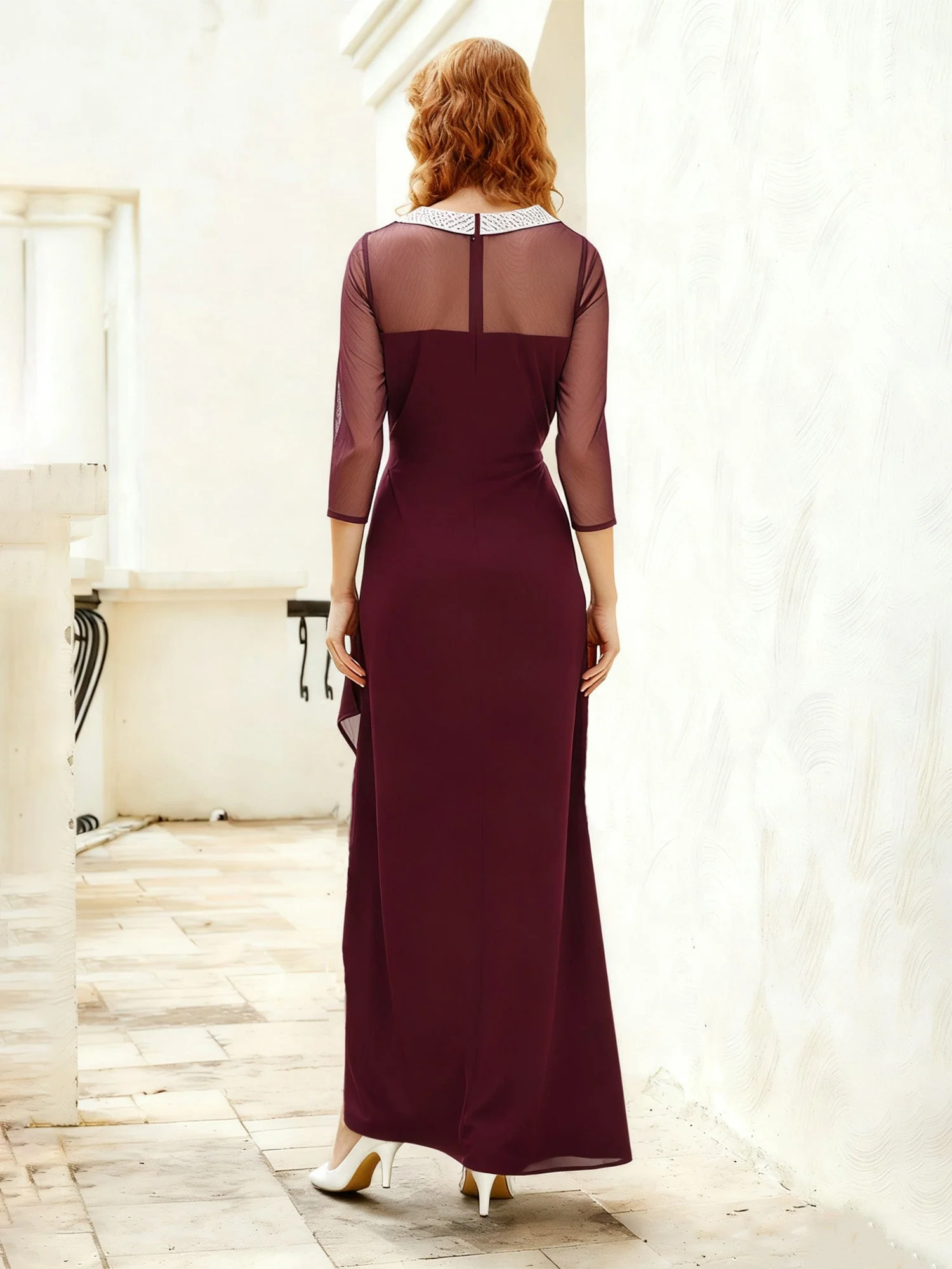 Illusion Ausschnitt Durchsichtig 3/4 Ärmel Lang Kleid mit Schlitz Cabernet - Image 2