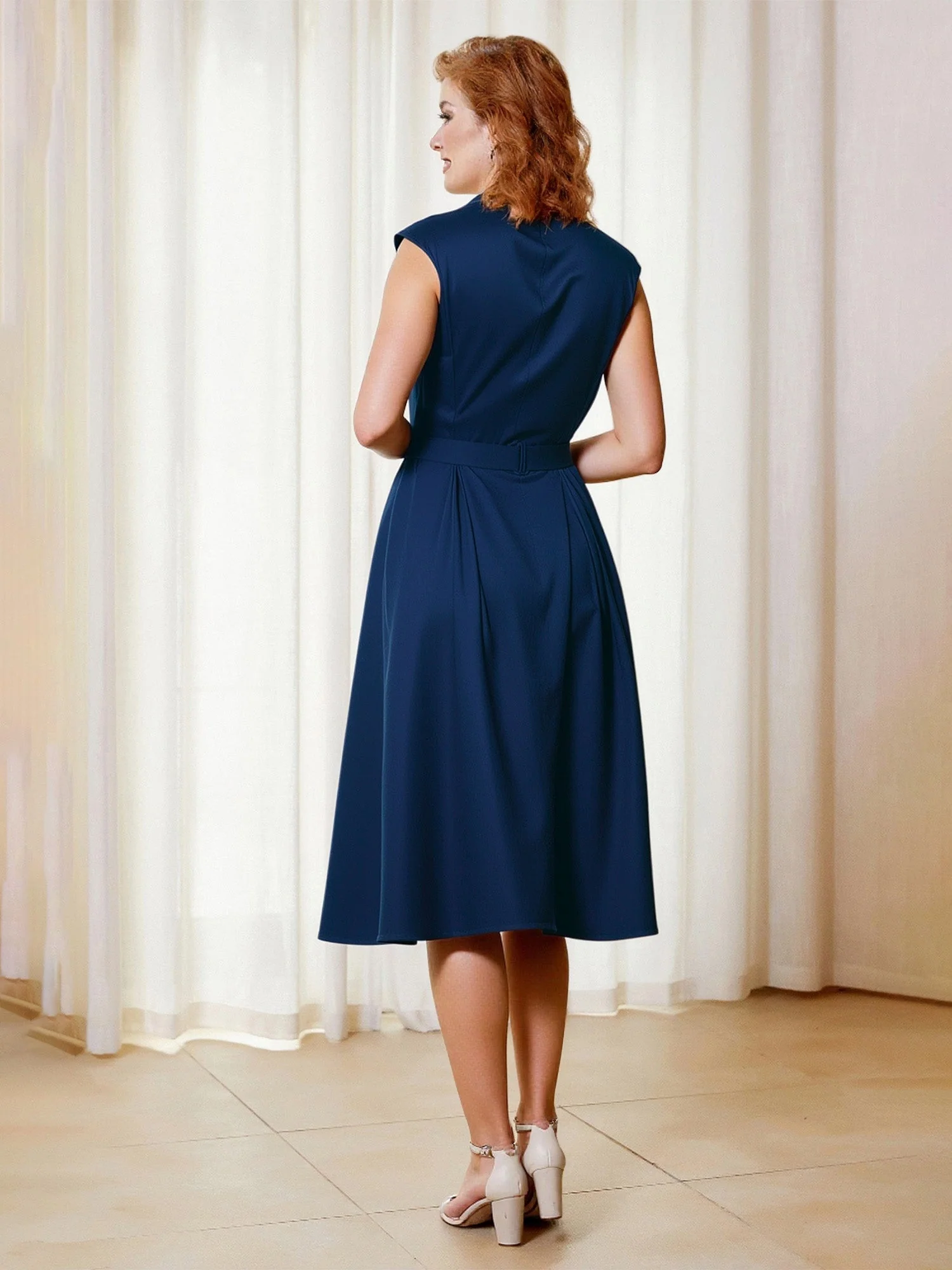A-Linie V-Ausschnitt Cap Ärmel Knielang Kleid mit Schleife Weiß - Image 2