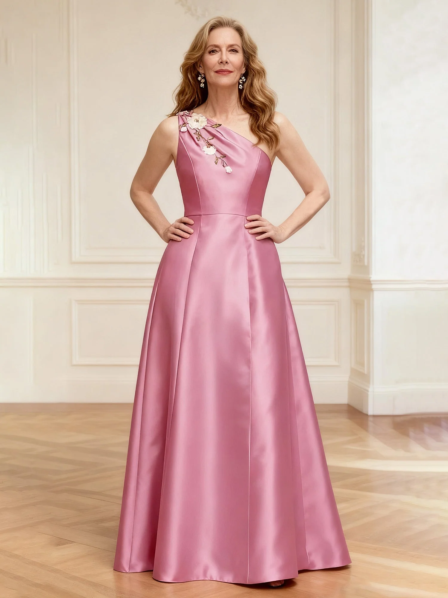Blumen Eine Schulter A-Linie Satin Lang Kleid Lavendel