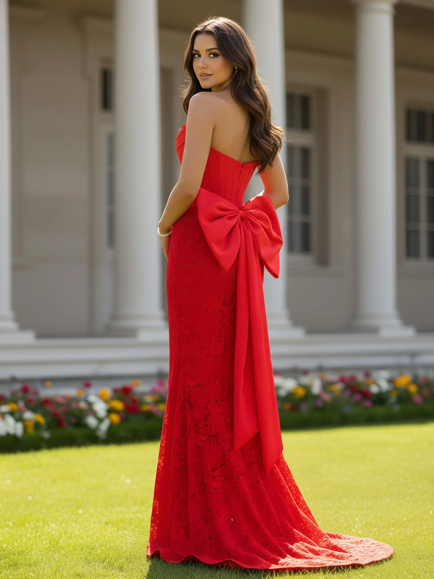 Trägerlos Korsett Spitze Bodycon Schlitz Kleid mit Schleife Staubige Rosa - Image 2