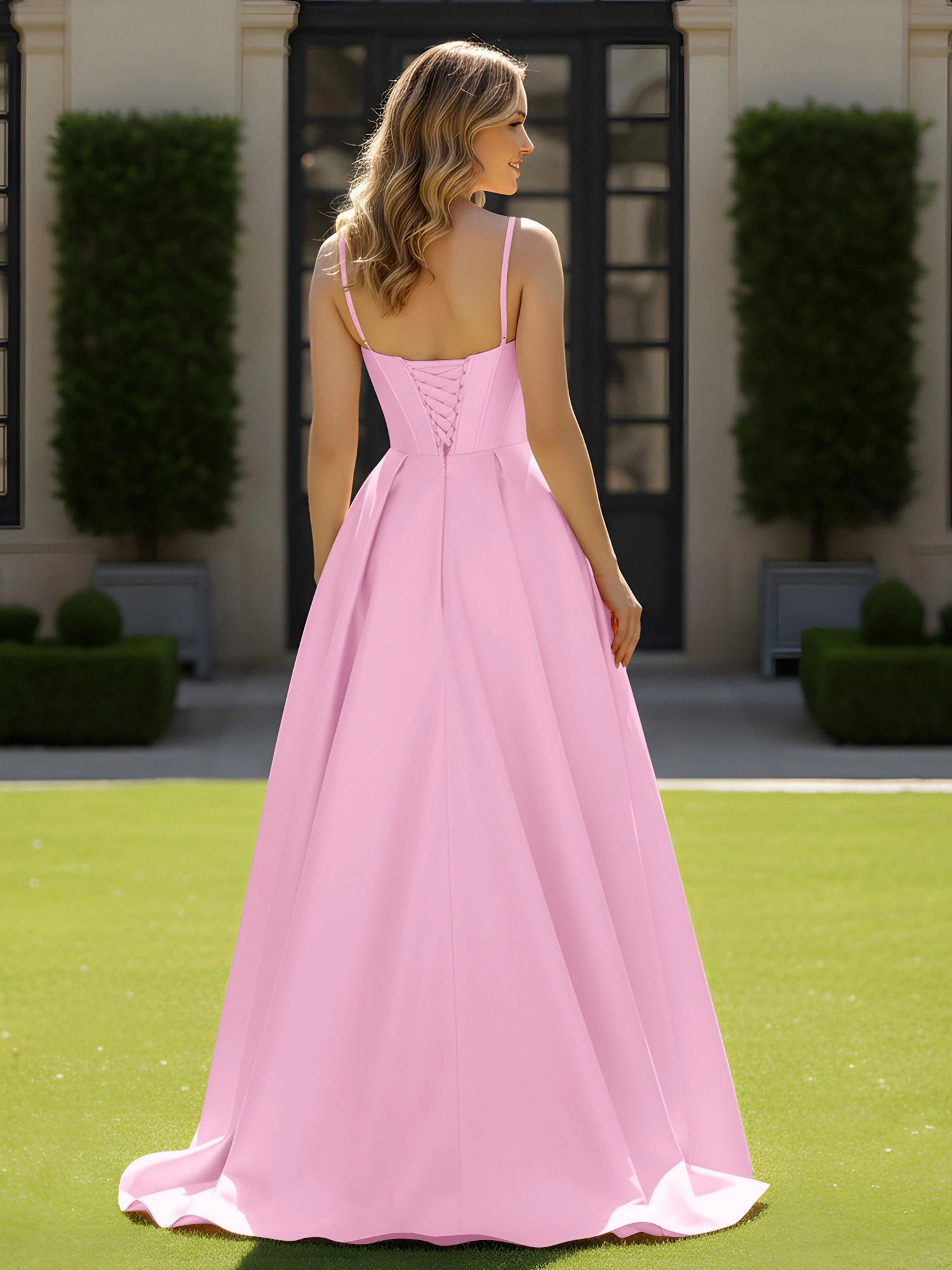 Spaghettiträger Perlen Herzform Ausschnitt Maxi Kleid Bonbonrosa - Image 2
