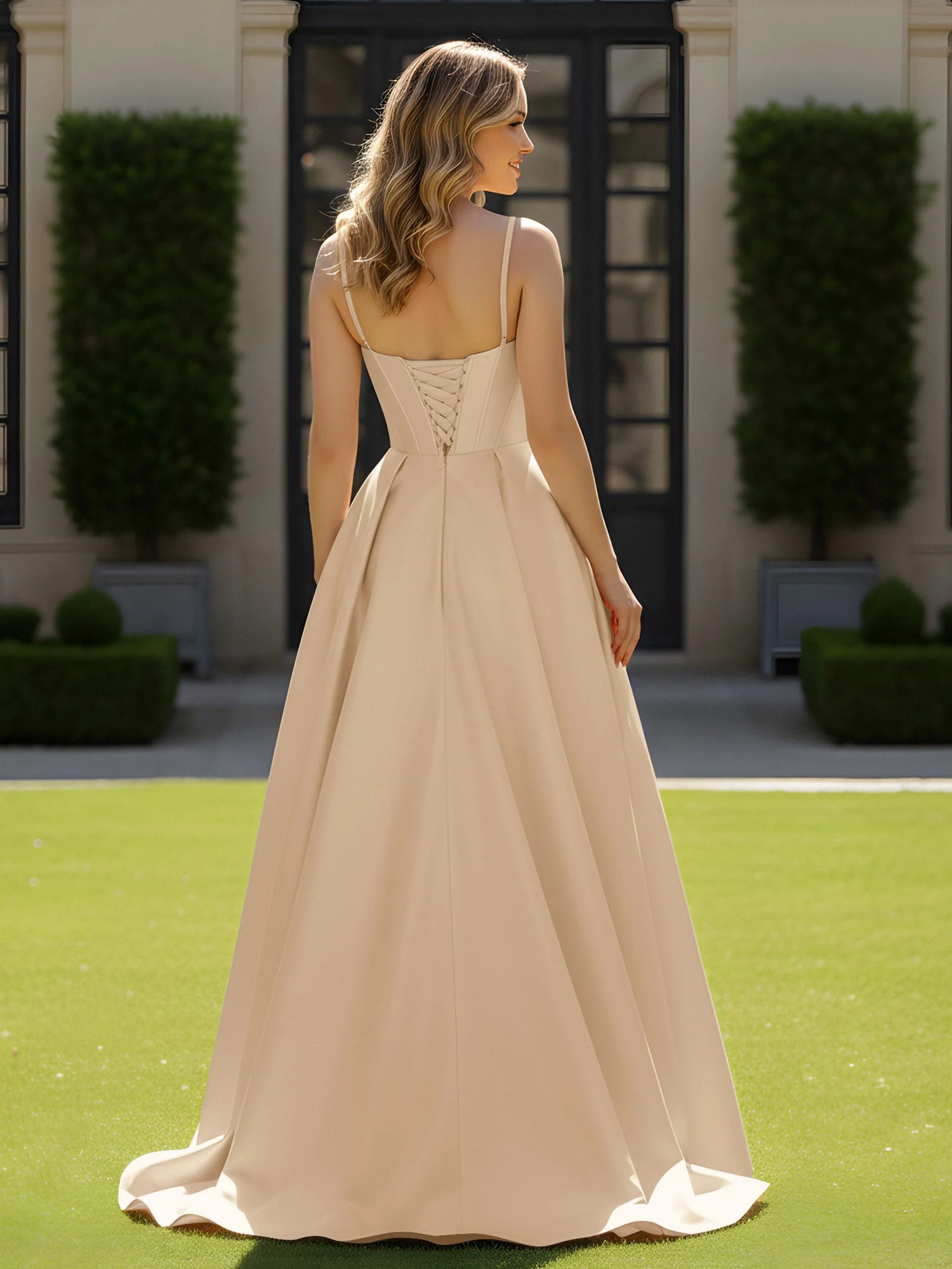 Spaghettiträger Perlen Herzform Ausschnitt Maxi Kleid Champagner - Image 2