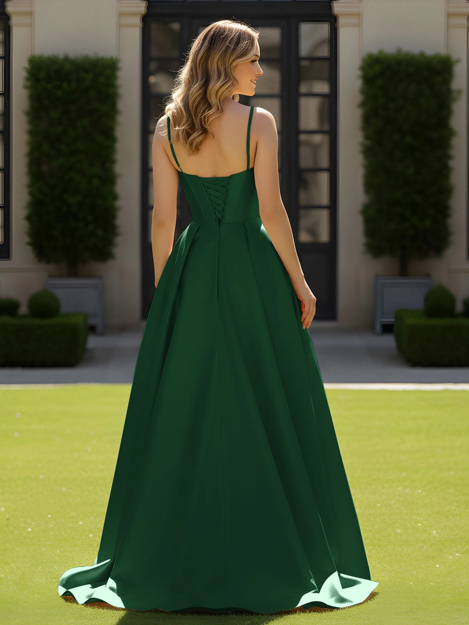 Spaghettiträger Perlen Herzform Ausschnitt Maxi Kleid Dunkelgrün - Image 2