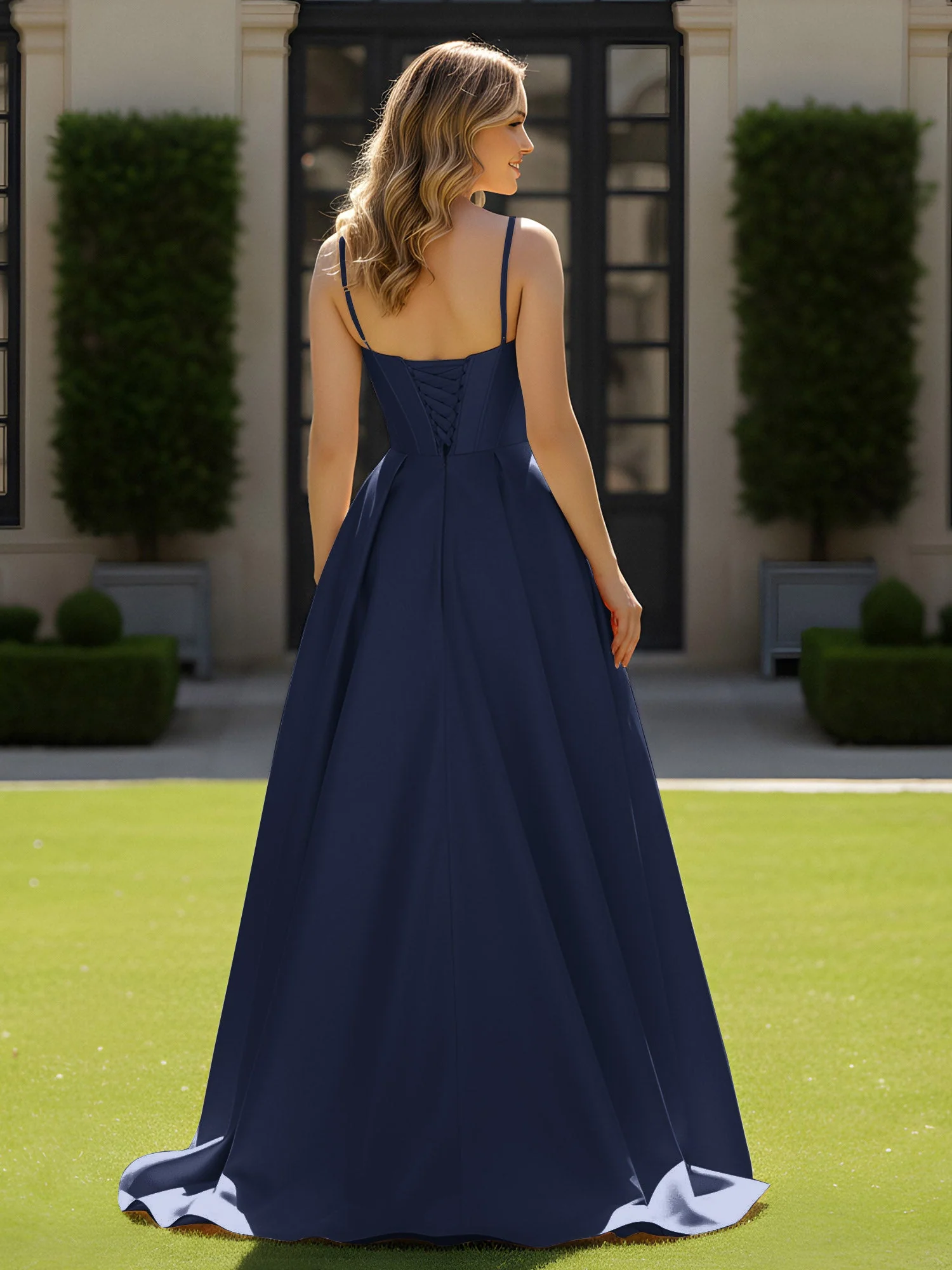 Spaghettiträger Perlen Herzform Ausschnitt Maxi Kleid Dunkelmarine - Image 2