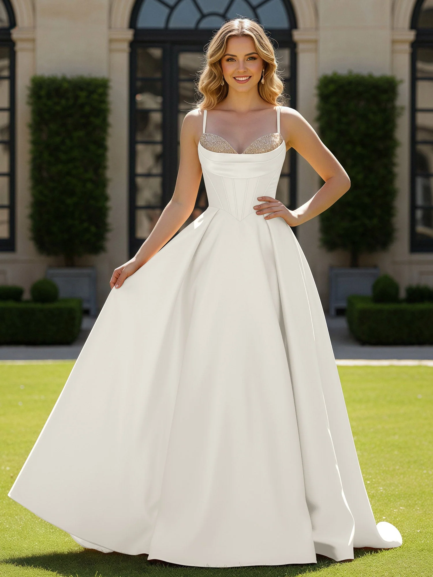 Spaghettiträger Perlen Herzform Ausschnitt Maxi Kleid Elfenbein