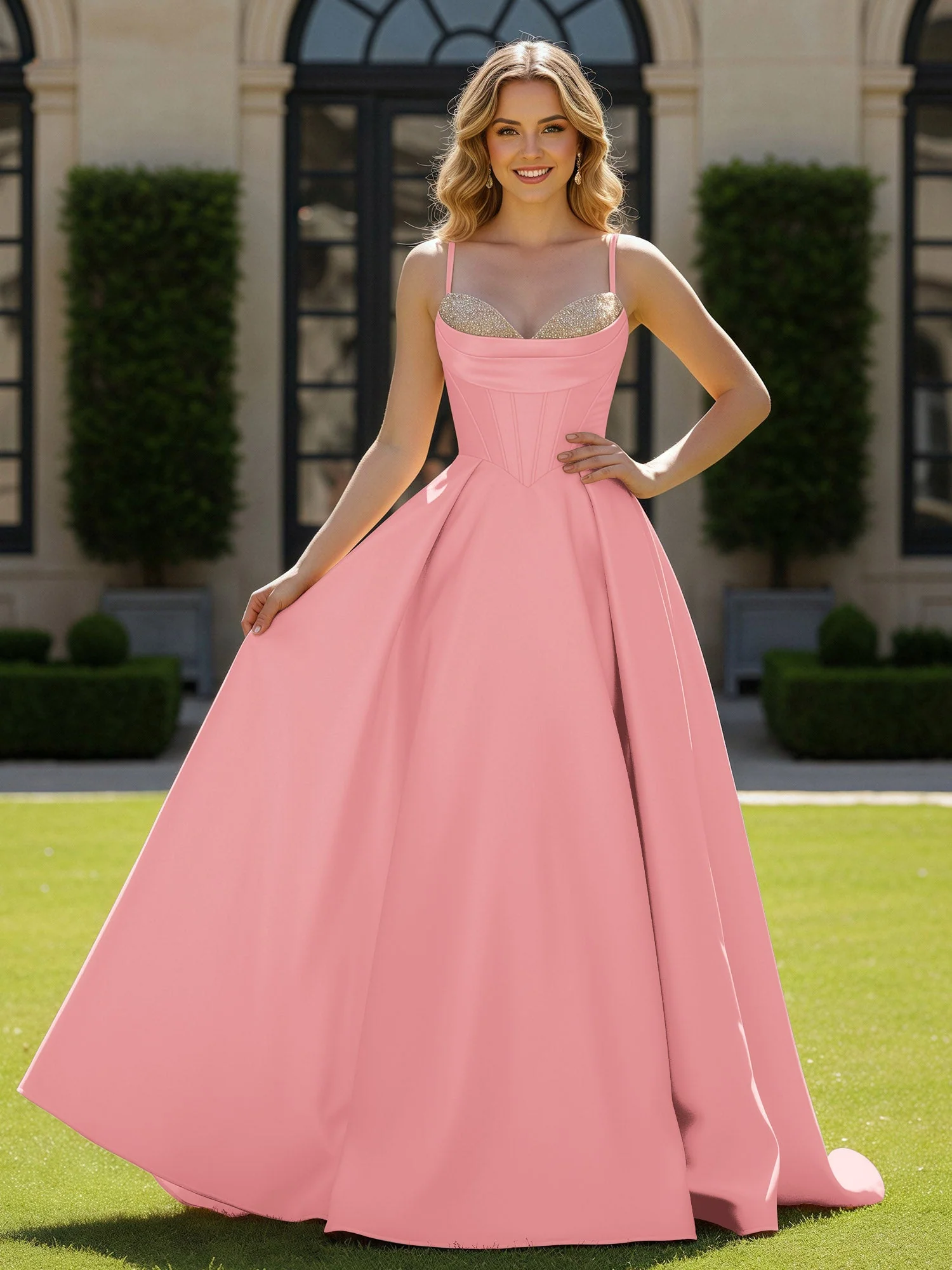 Spaghettiträger Perlen Herzform Ausschnitt Maxi Kleid Flamingo