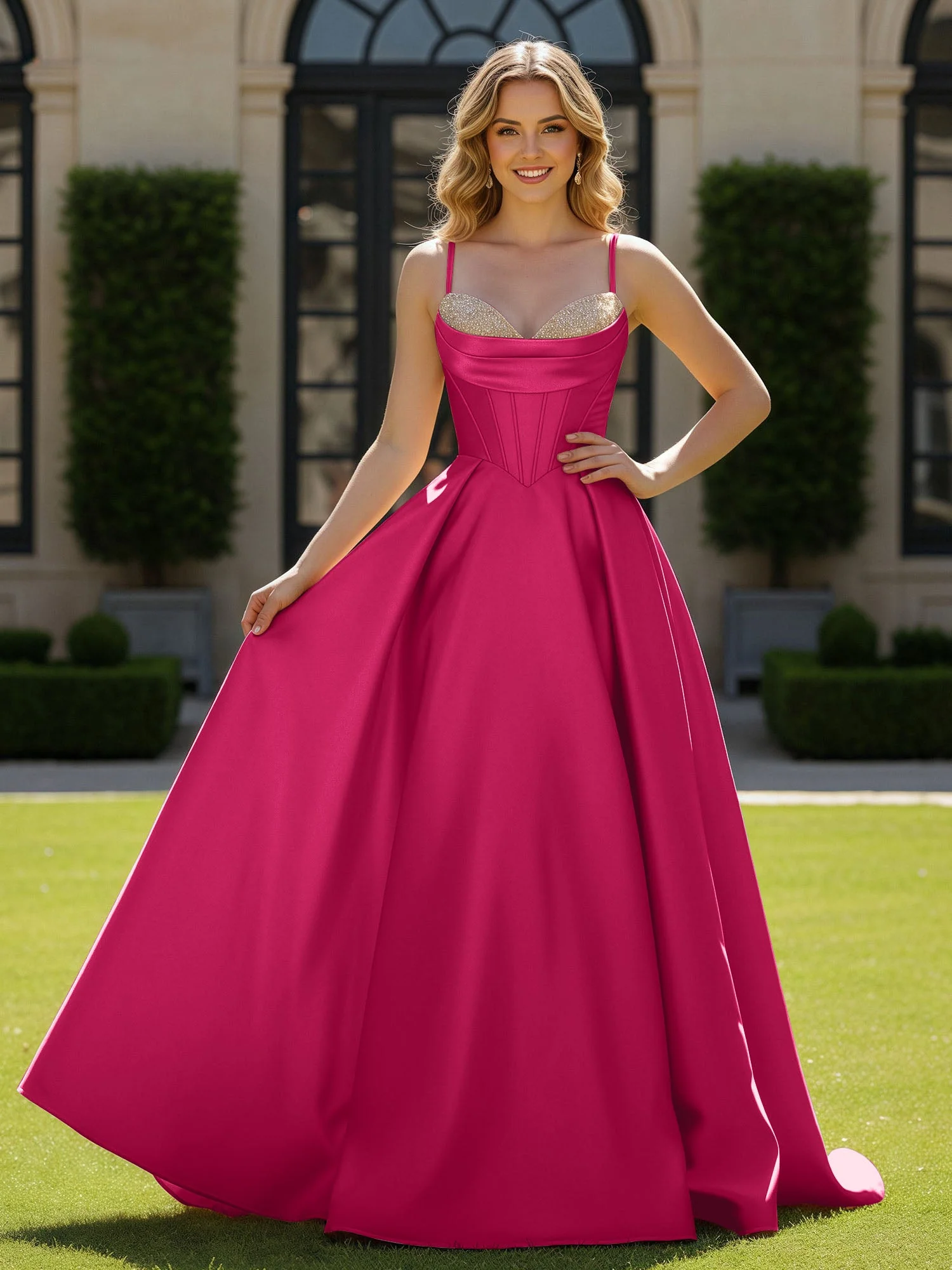 Spaghettiträger Perlen Herzform Ausschnitt Maxi Kleid Fuchsia