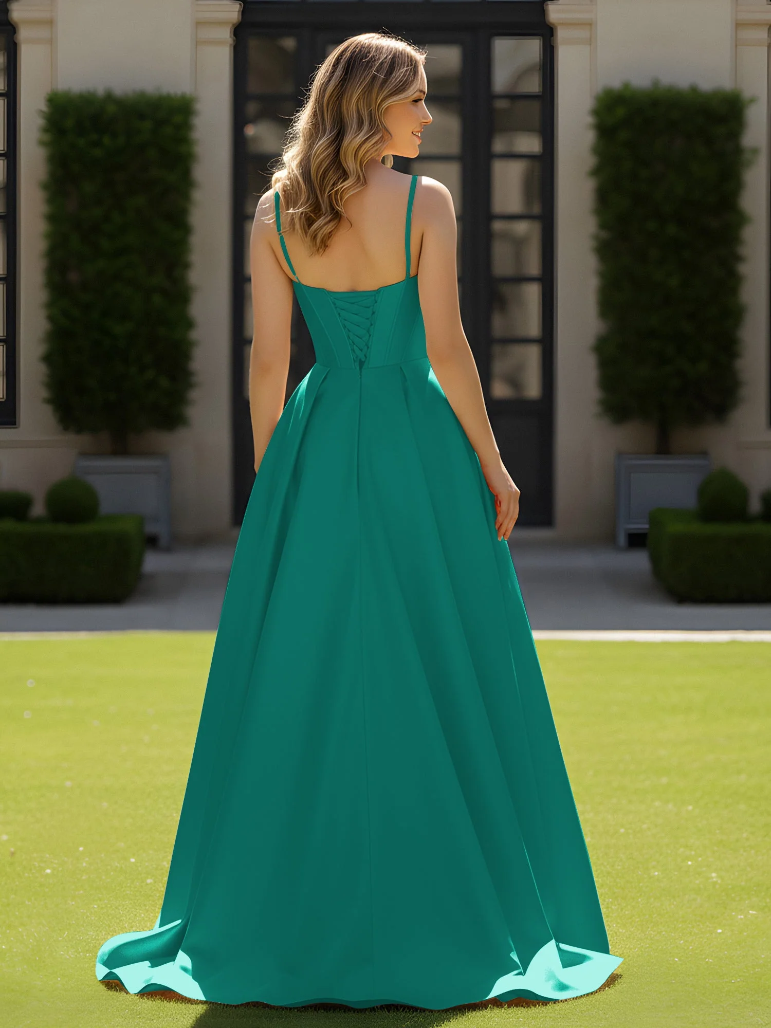 Spaghettiträger Perlen Herzform Ausschnitt Maxi Kleid Jade - Image 2