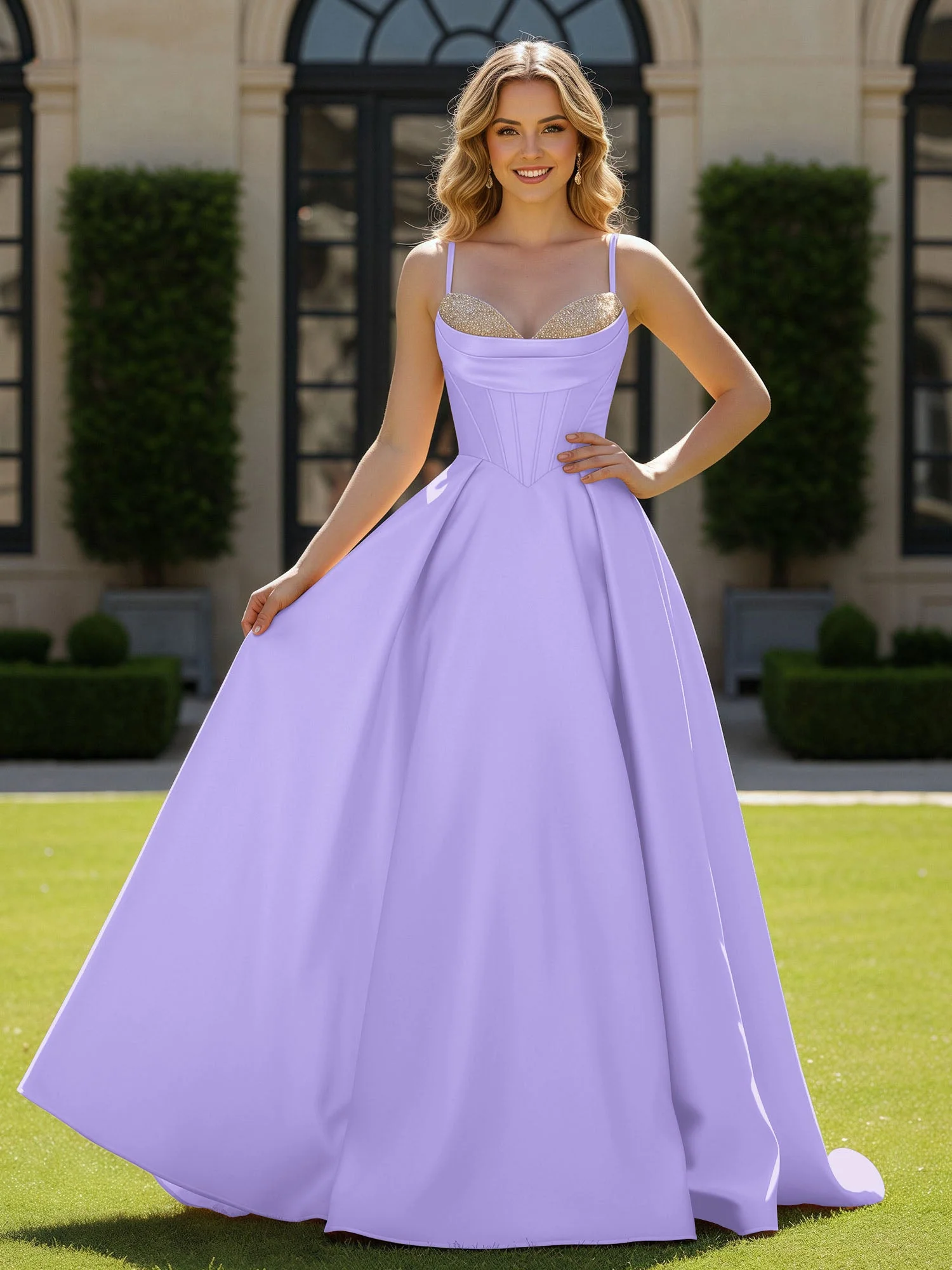 Spaghettiträger Perlen Herzform Ausschnitt Maxi Kleid Lila