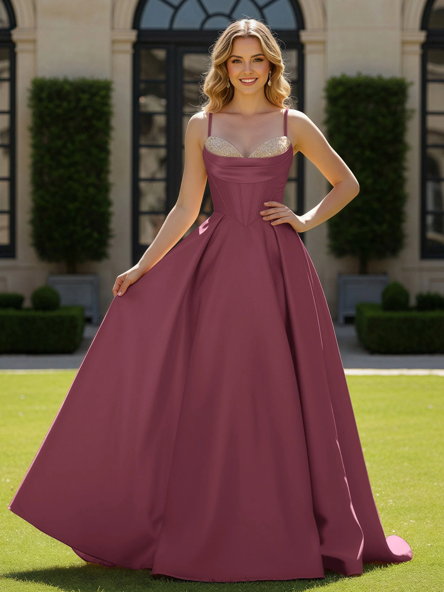 Spaghettiträger Perlen Herzform Ausschnitt Maxi Kleid Maulbeere