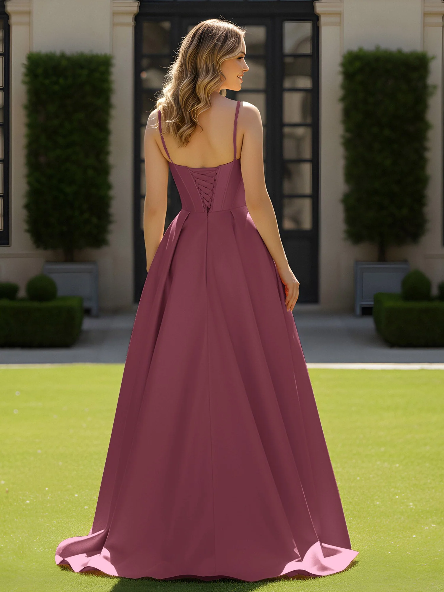 Spaghettiträger Perlen Herzform Ausschnitt Maxi Kleid Maulbeere - Image 2