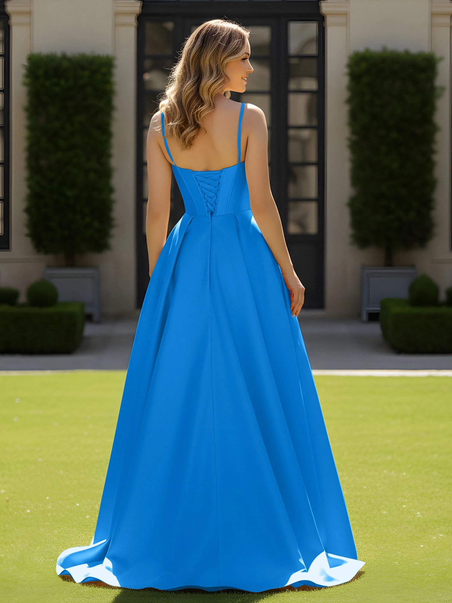 Spaghettiträger Perlen Herzform Ausschnitt Maxi Kleid Meerblau - Image 2