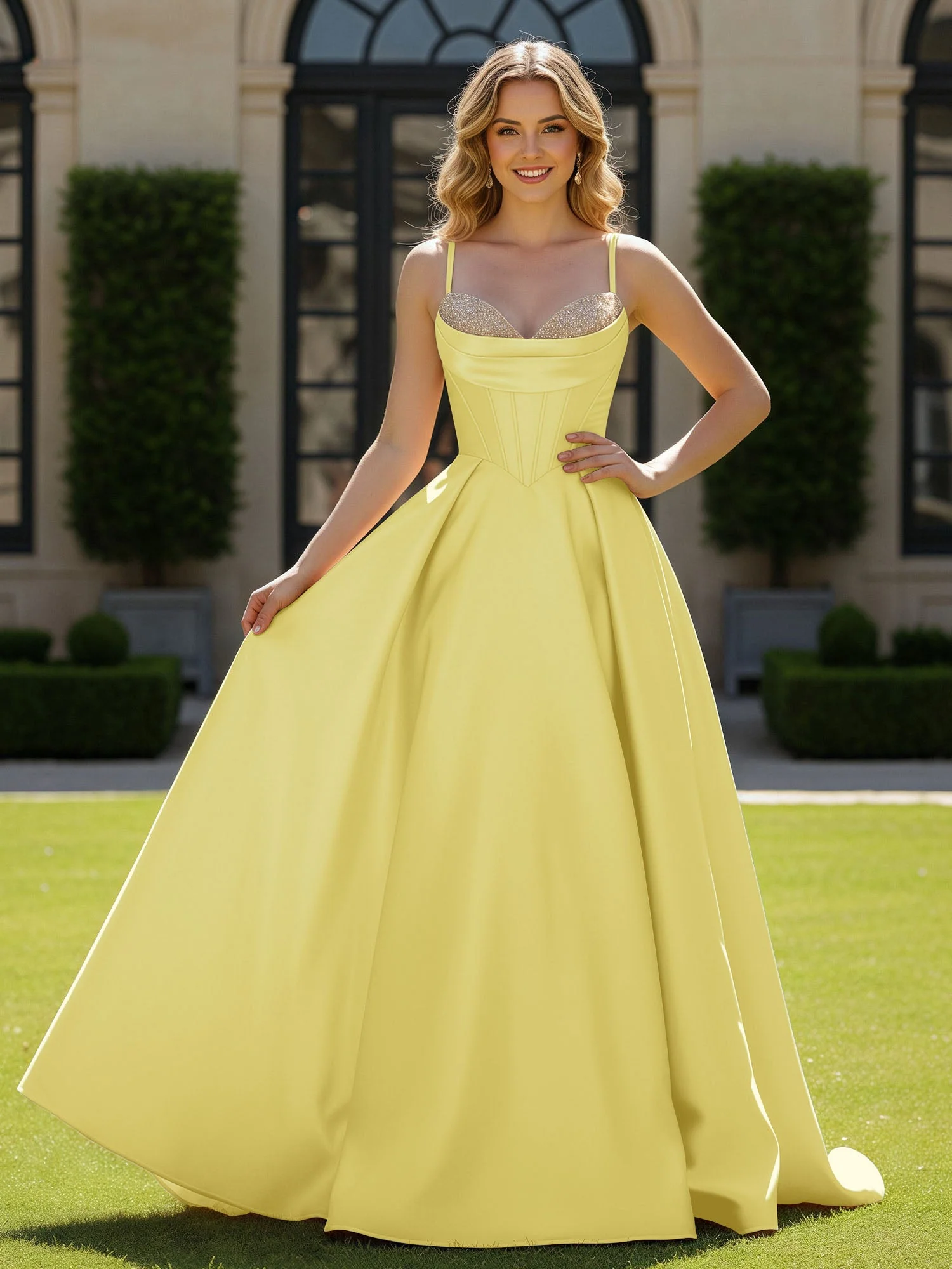 Spaghettiträger Perlen Herzform Ausschnitt Maxi Kleid Narzisse