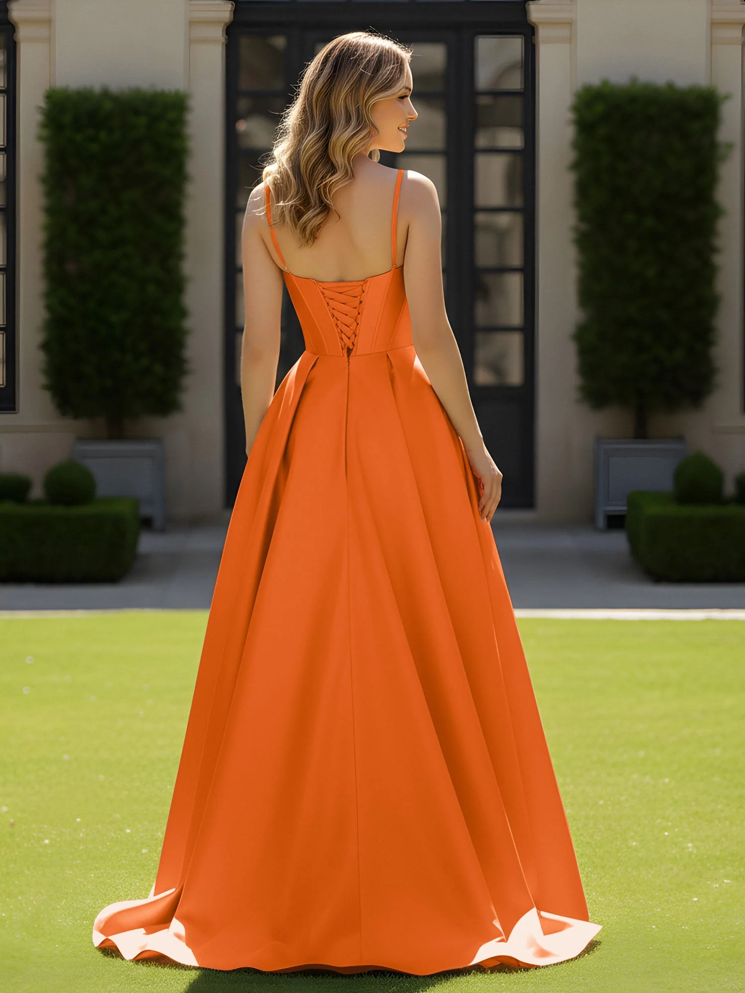 Spaghettiträger Perlen Herzform Ausschnitt Maxi Kleid Orange - Image 2