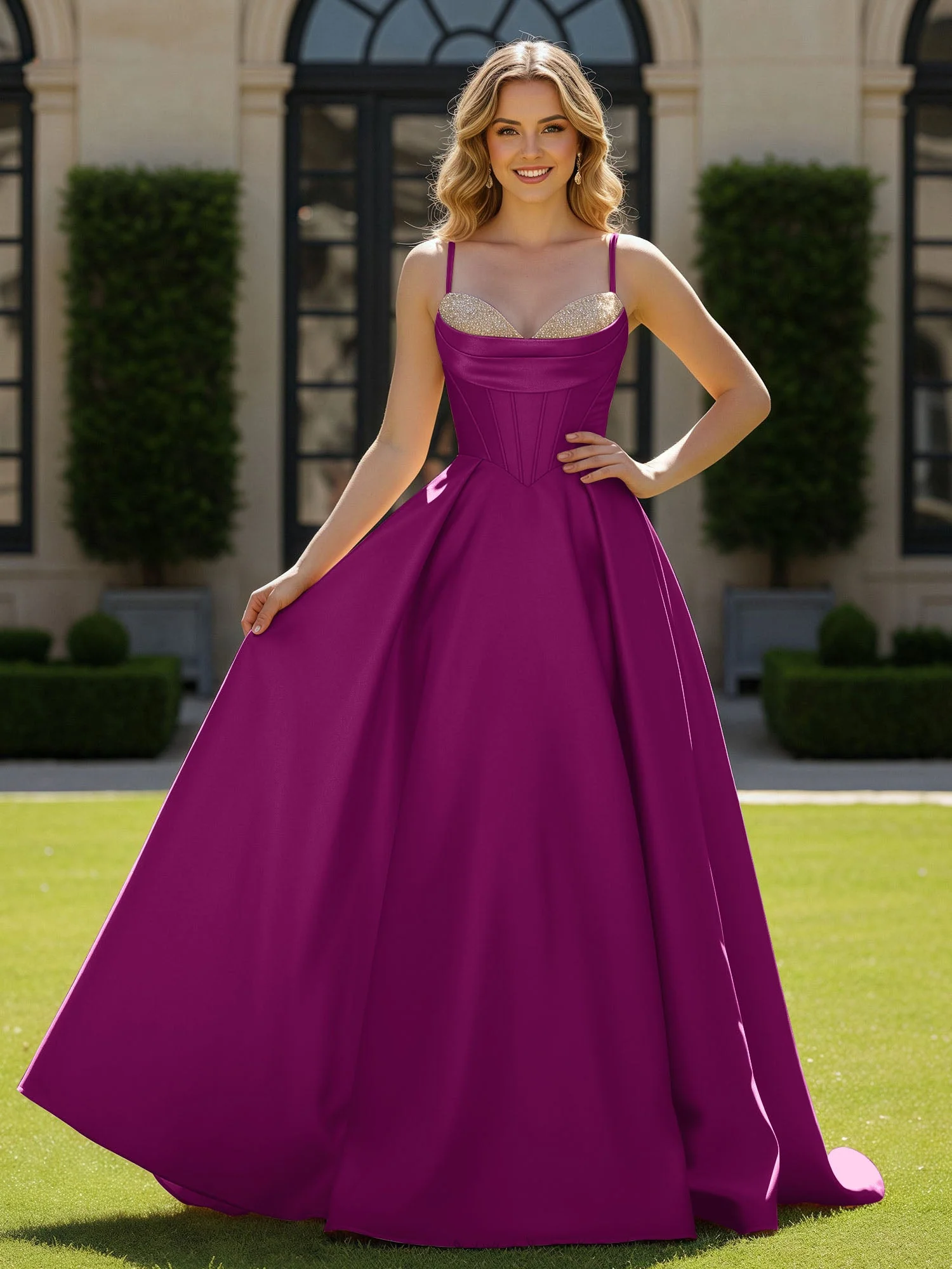 Spaghettiträger Perlen Herzform Ausschnitt Maxi Kleid Orchidee