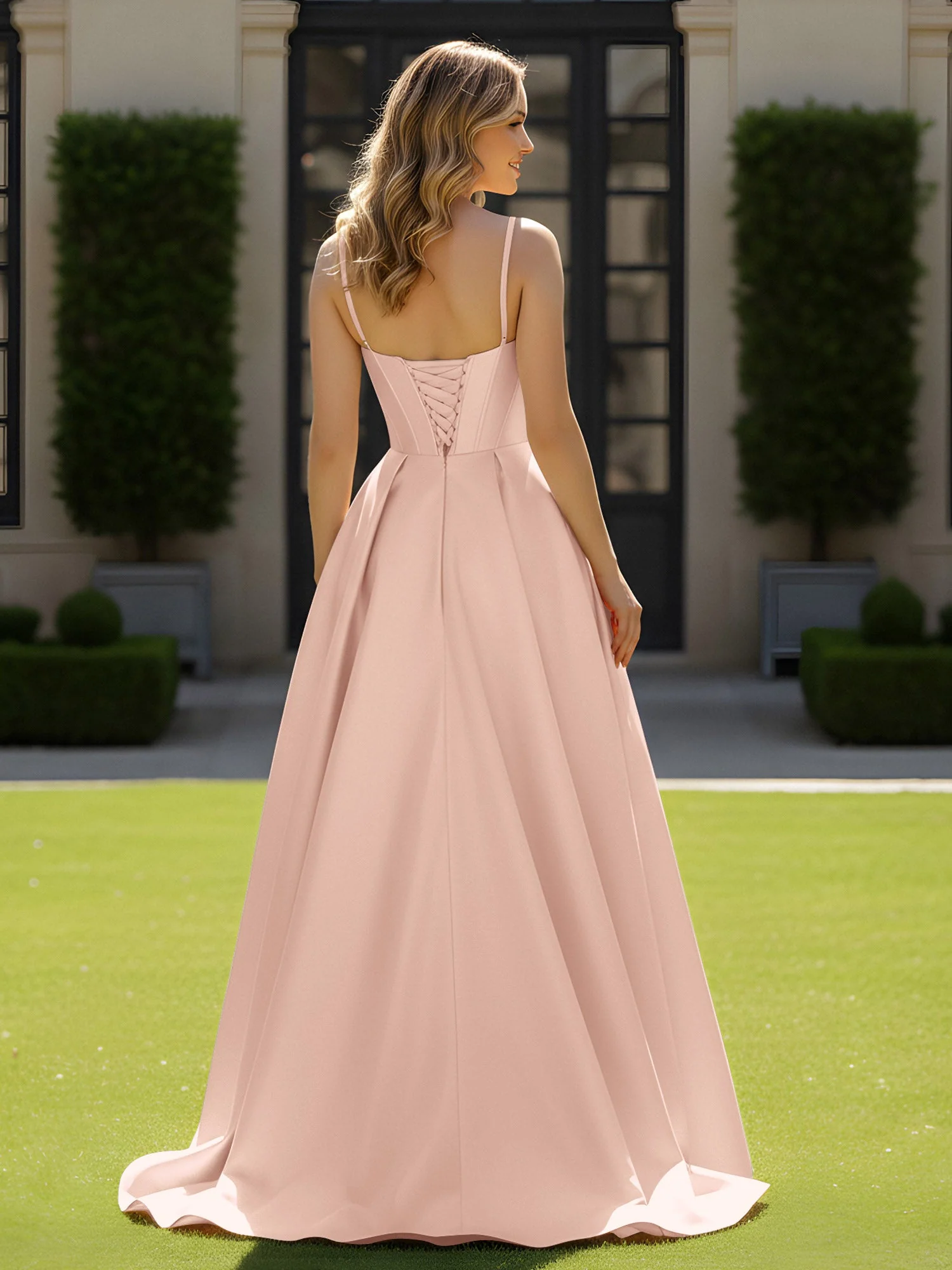 Spaghettiträger Perlen Herzform Ausschnitt Maxi Kleid Perlrosa - Image 2