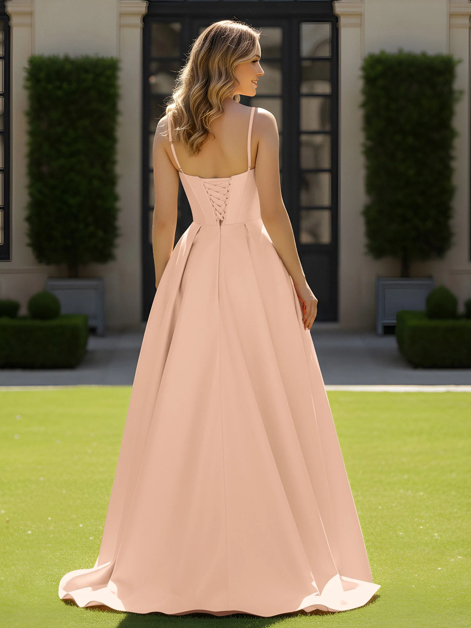 Spaghettiträger Perlen Herzform Ausschnitt Maxi Kleid Pfirsich - Image 2