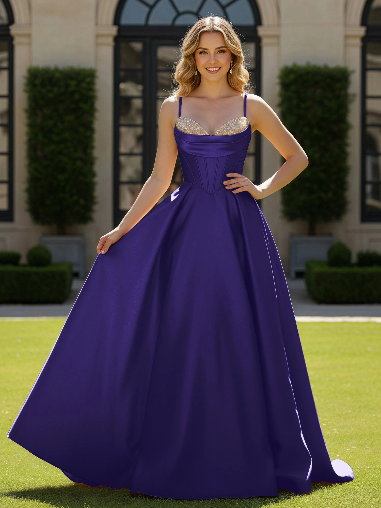 Spaghettiträger Perlen Herzform Ausschnitt Maxi Kleid Regentschaft