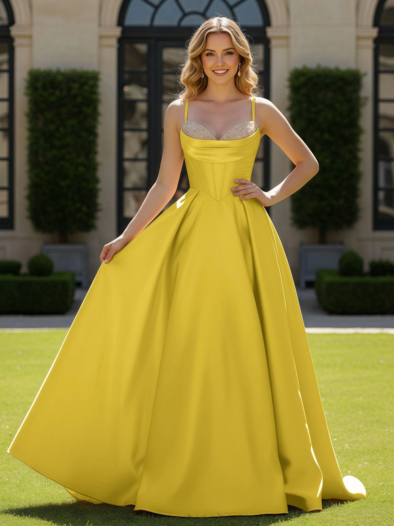 Spaghettiträger Perlen Herzform Ausschnitt Maxi Kleid Ringelblume