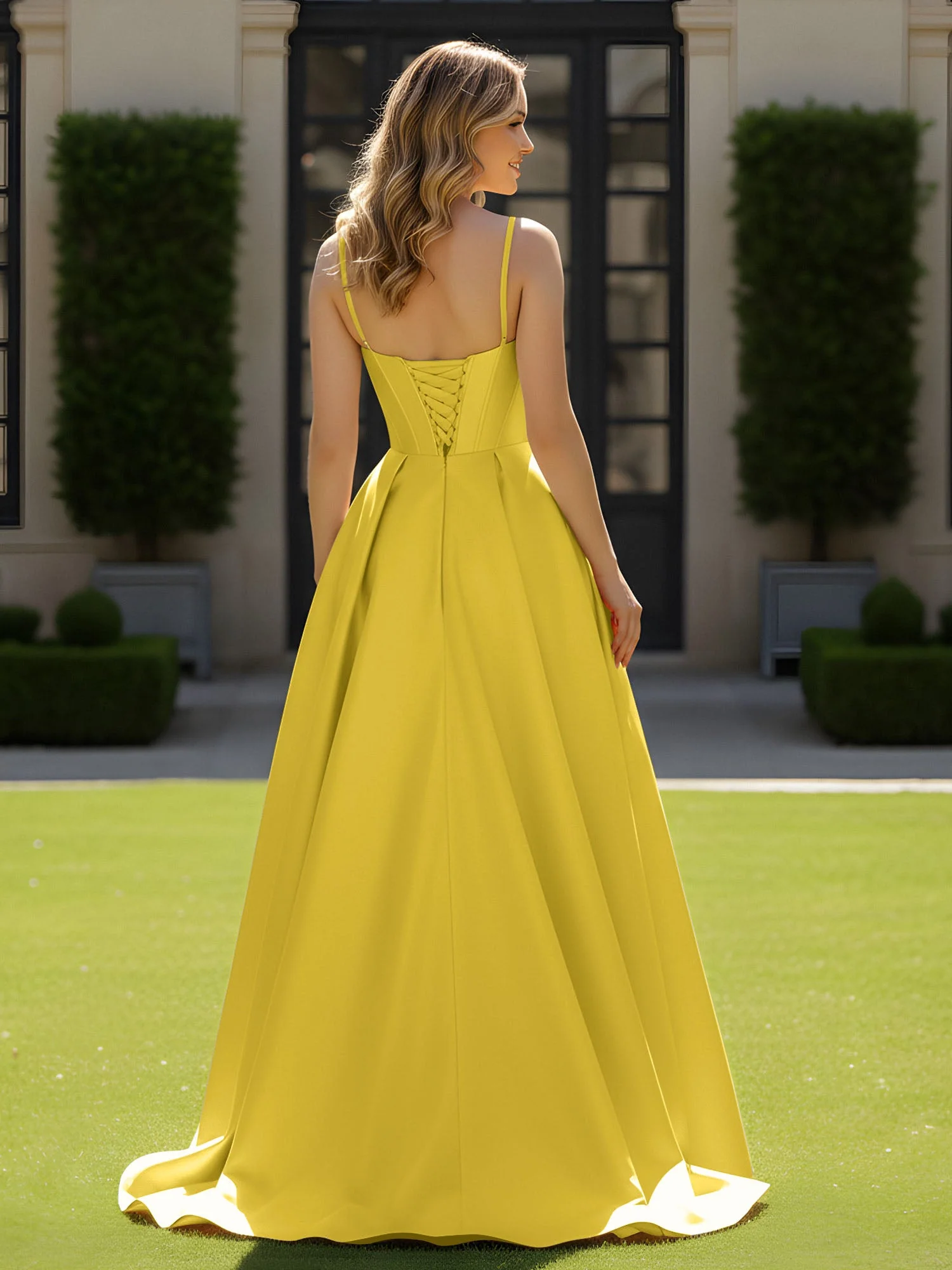 Spaghettiträger Perlen Herzform Ausschnitt Maxi Kleid Ringelblume - Image 2