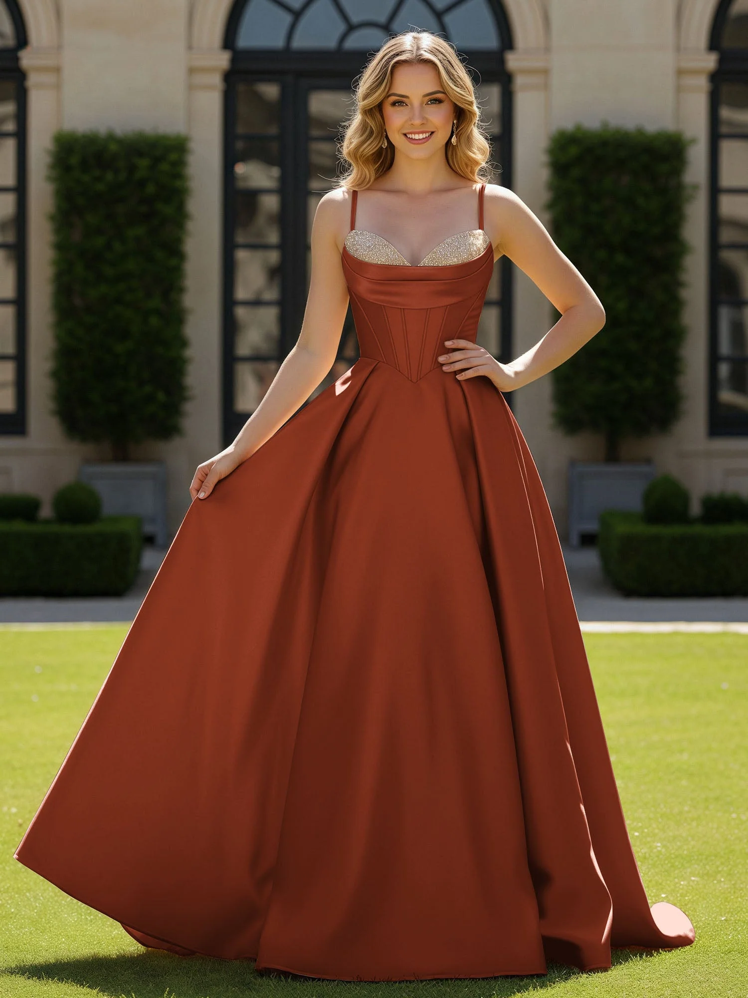 Spaghettiträger Perlen Herzform Ausschnitt Maxi Kleid Rost