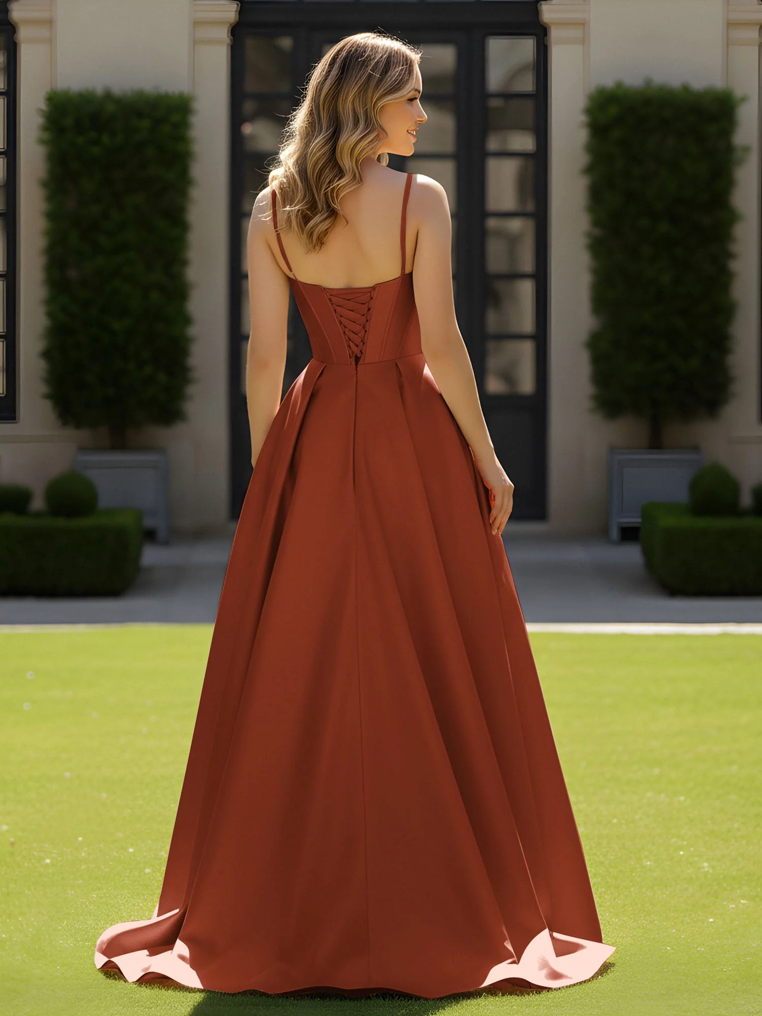 Spaghettiträger Perlen Herzform Ausschnitt Maxi Kleid Rost - Image 2