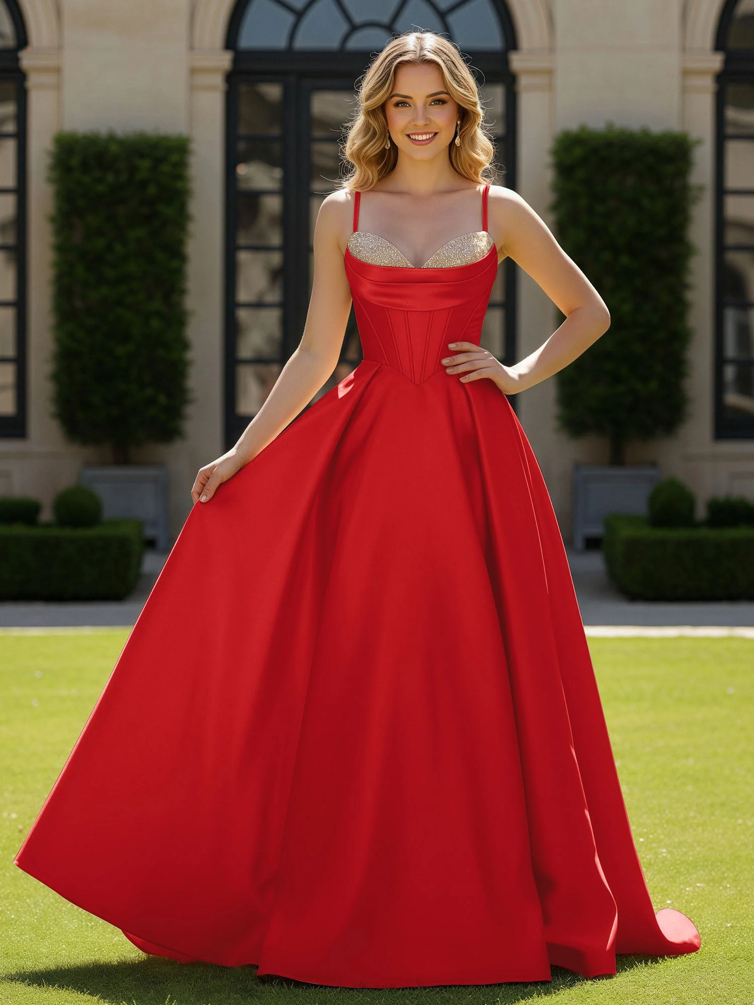 Spaghettiträger Perlen Herzform Ausschnitt Maxi Kleid Rot