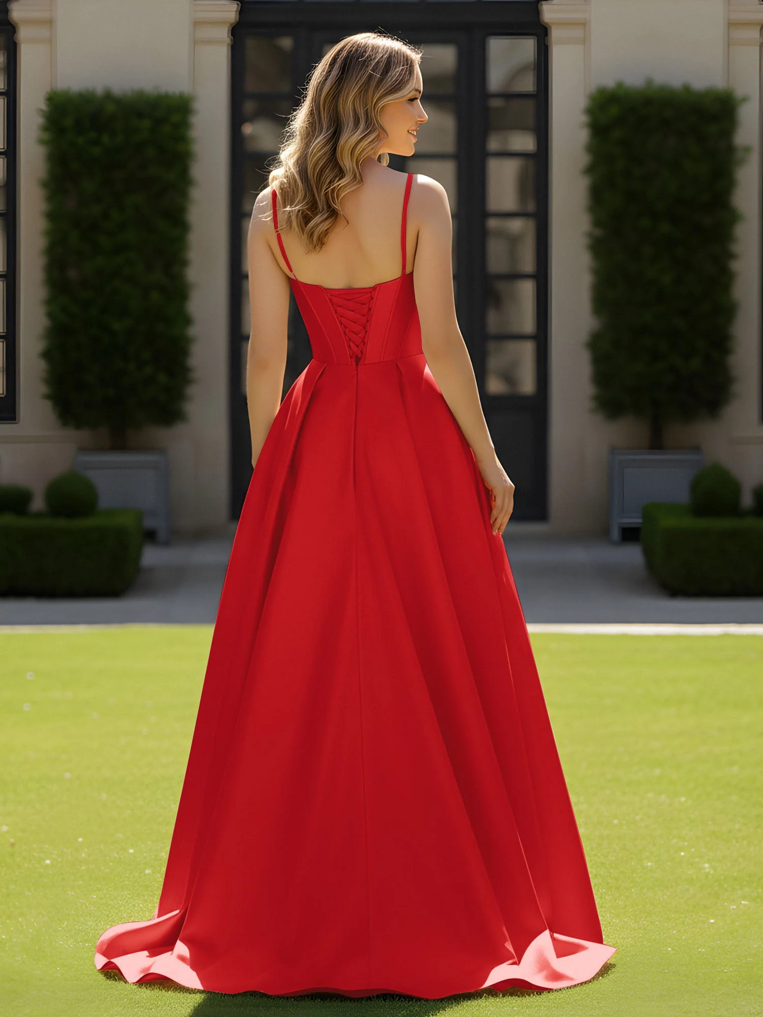 Spaghettiträger Perlen Herzform Ausschnitt Maxi Kleid Rot - Image 2