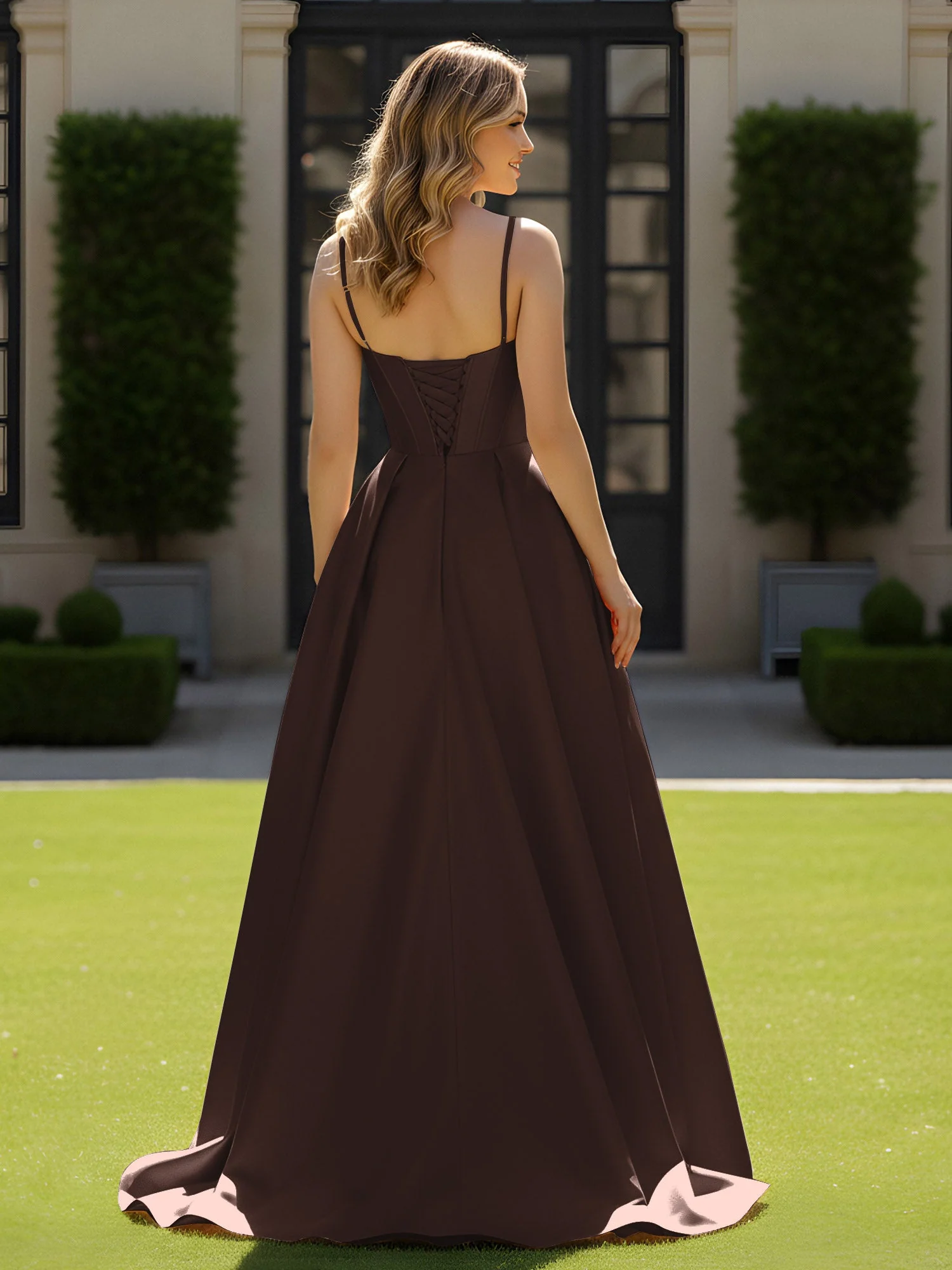 Spaghettiträger Perlen Herzform Ausschnitt Maxi Kleid Schokolade - Image 2