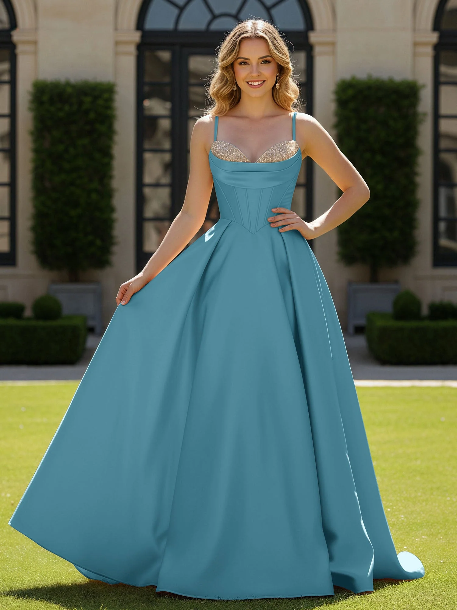 Spaghettiträger Perlen Herzform Ausschnitt Maxi Kleid Schwimmbadblau