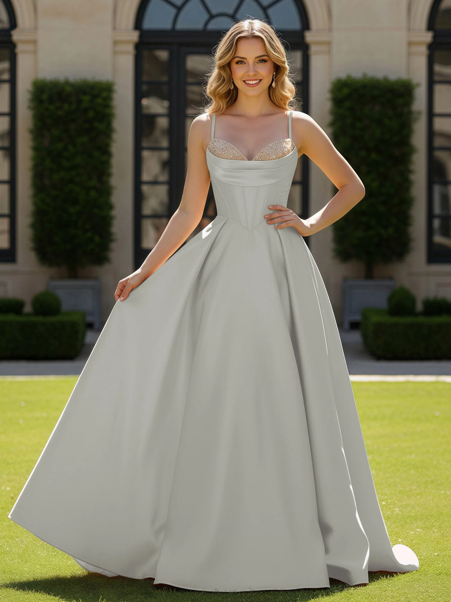 Spaghettiträger Perlen Herzform Ausschnitt Maxi Kleid Silber