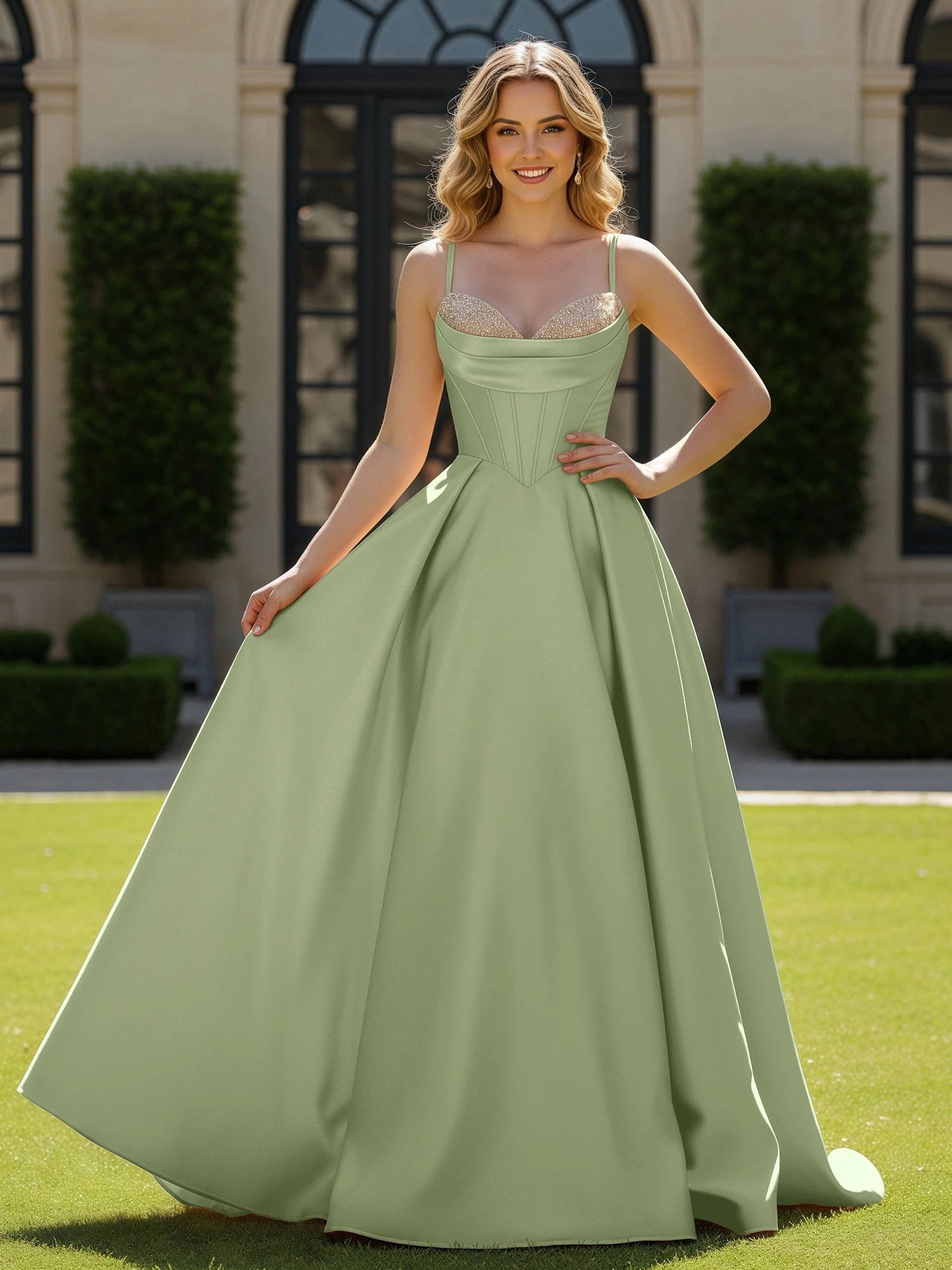 Spaghettiträger Perlen Herzform Ausschnitt Maxi Kleid Staubiges Salbei