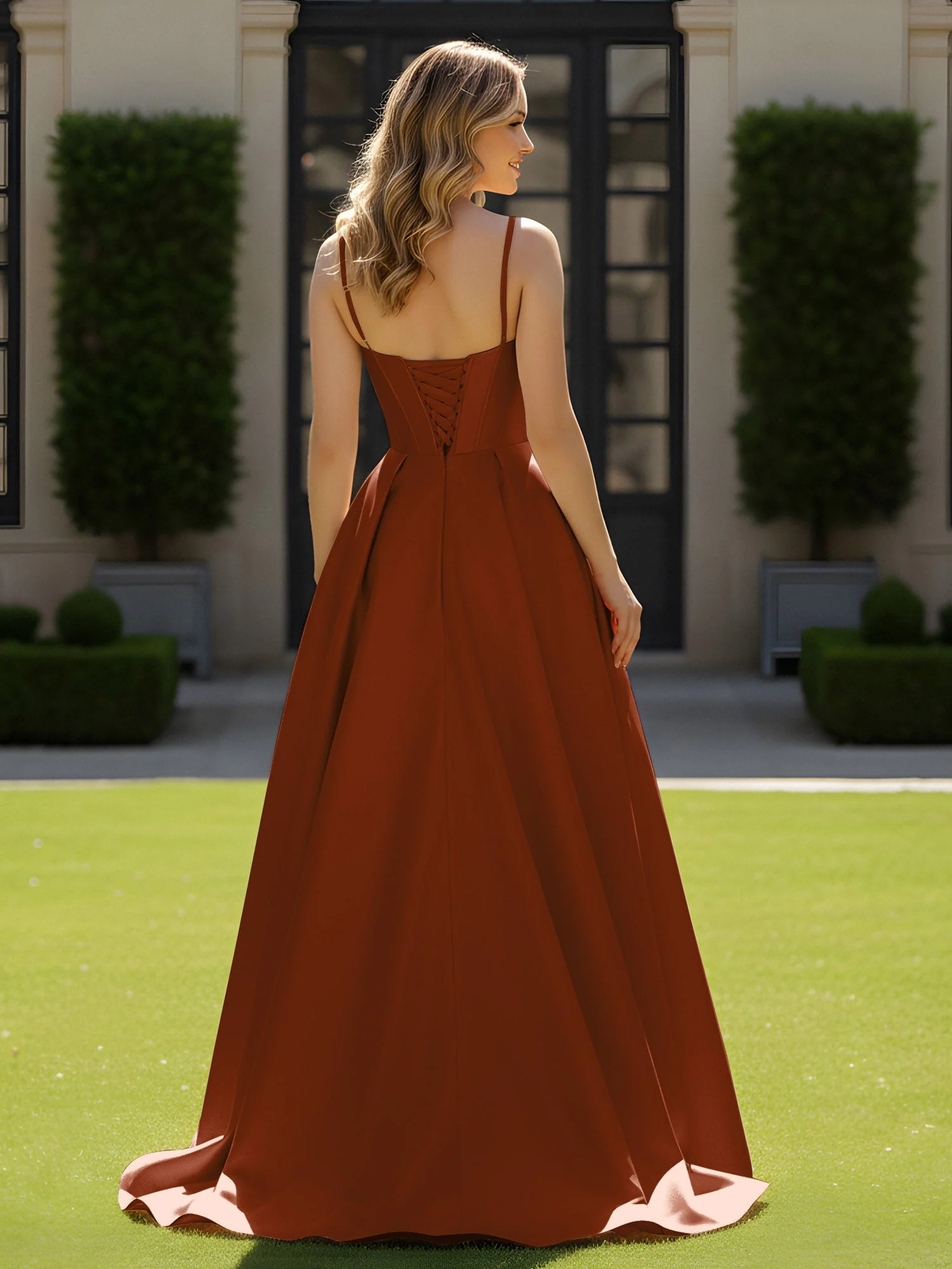 Spaghettiträger Perlen Herzform Ausschnitt Maxi Kleid Terrakotta - Image 2