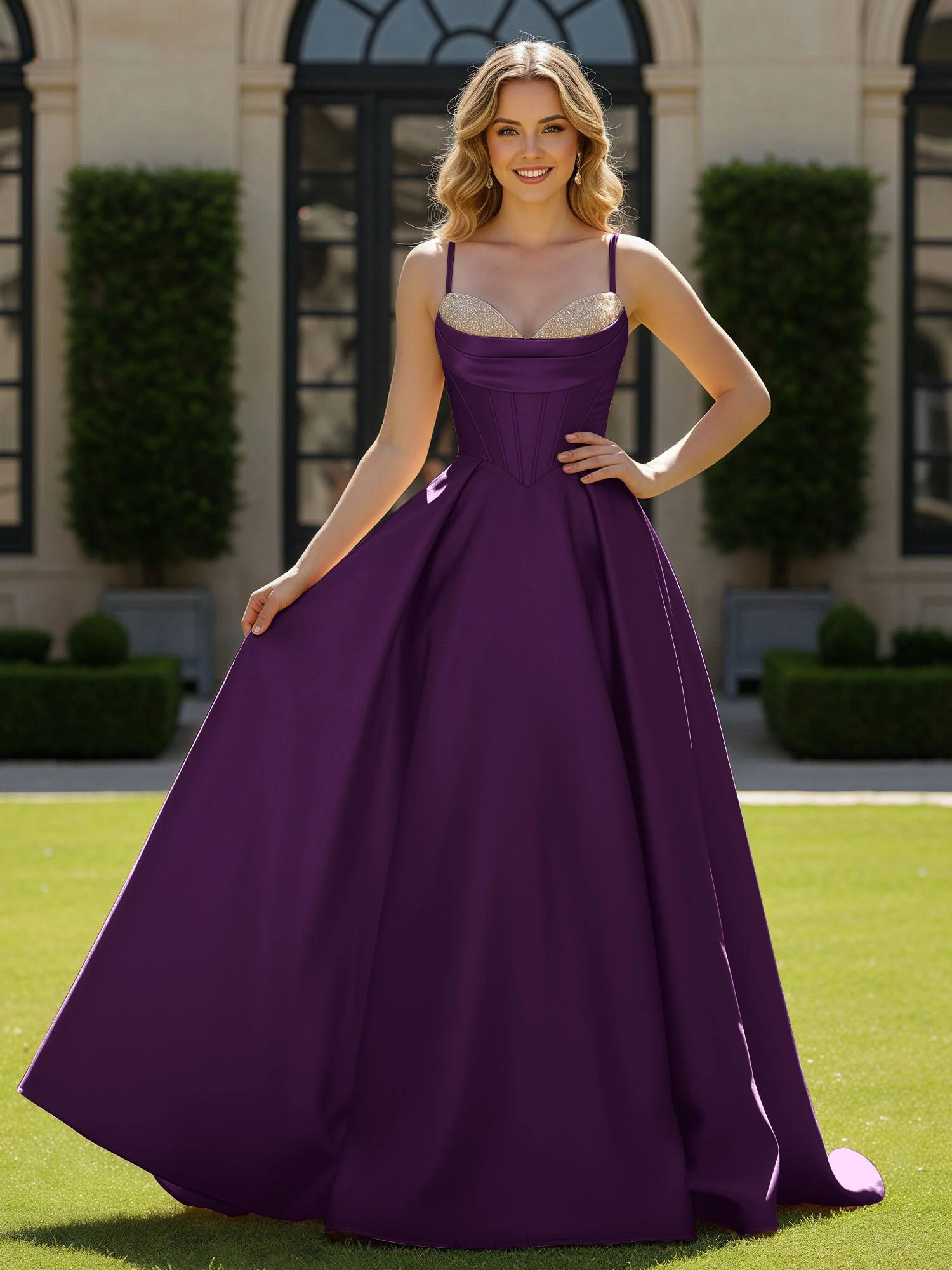 Spaghettiträger Perlen Herzform Ausschnitt Maxi Kleid Traube