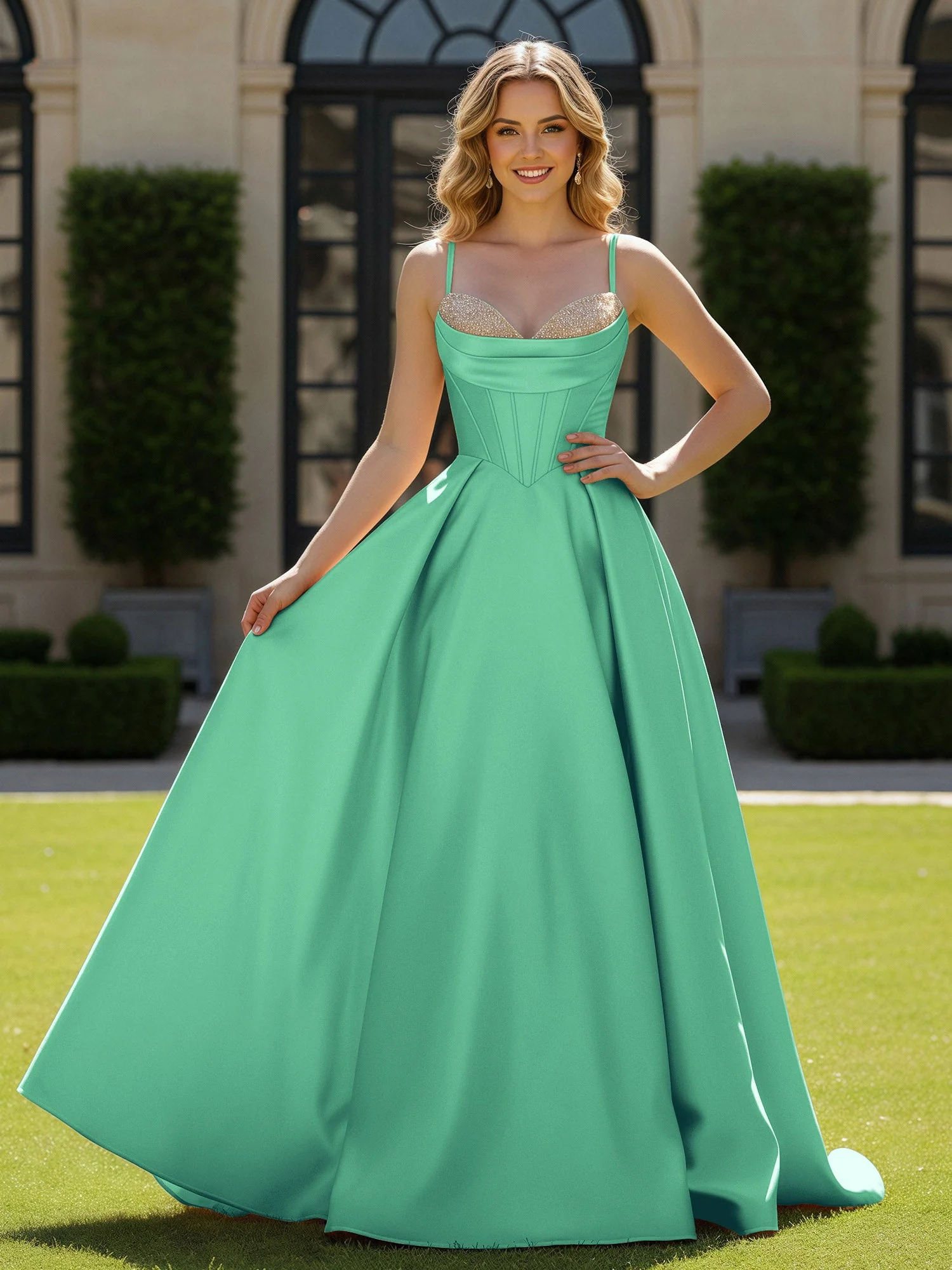 Spaghettiträger Perlen Herzform Ausschnitt Maxi Kleid Türkis