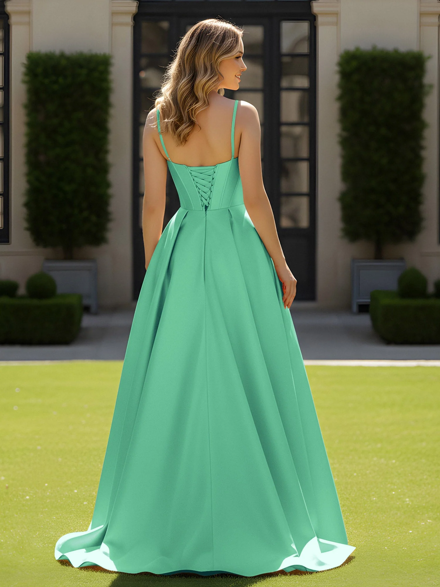 Spaghettiträger Perlen Herzform Ausschnitt Maxi Kleid Türkis - Image 2