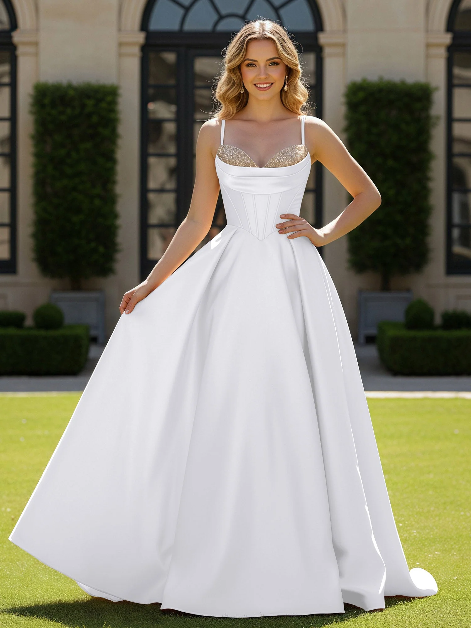 Spaghettiträger Perlen Herzform Ausschnitt Maxi Kleid Weiß
