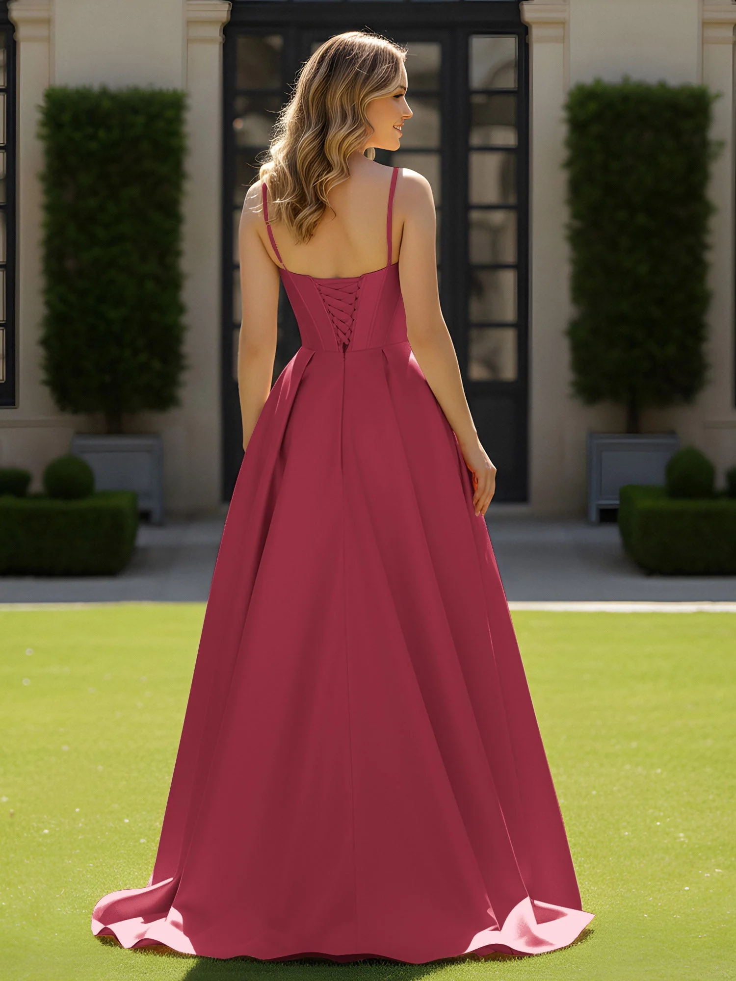 Spaghettiträger Perlen Herzform Ausschnitt Maxi Kleid Zimtrose - Image 2