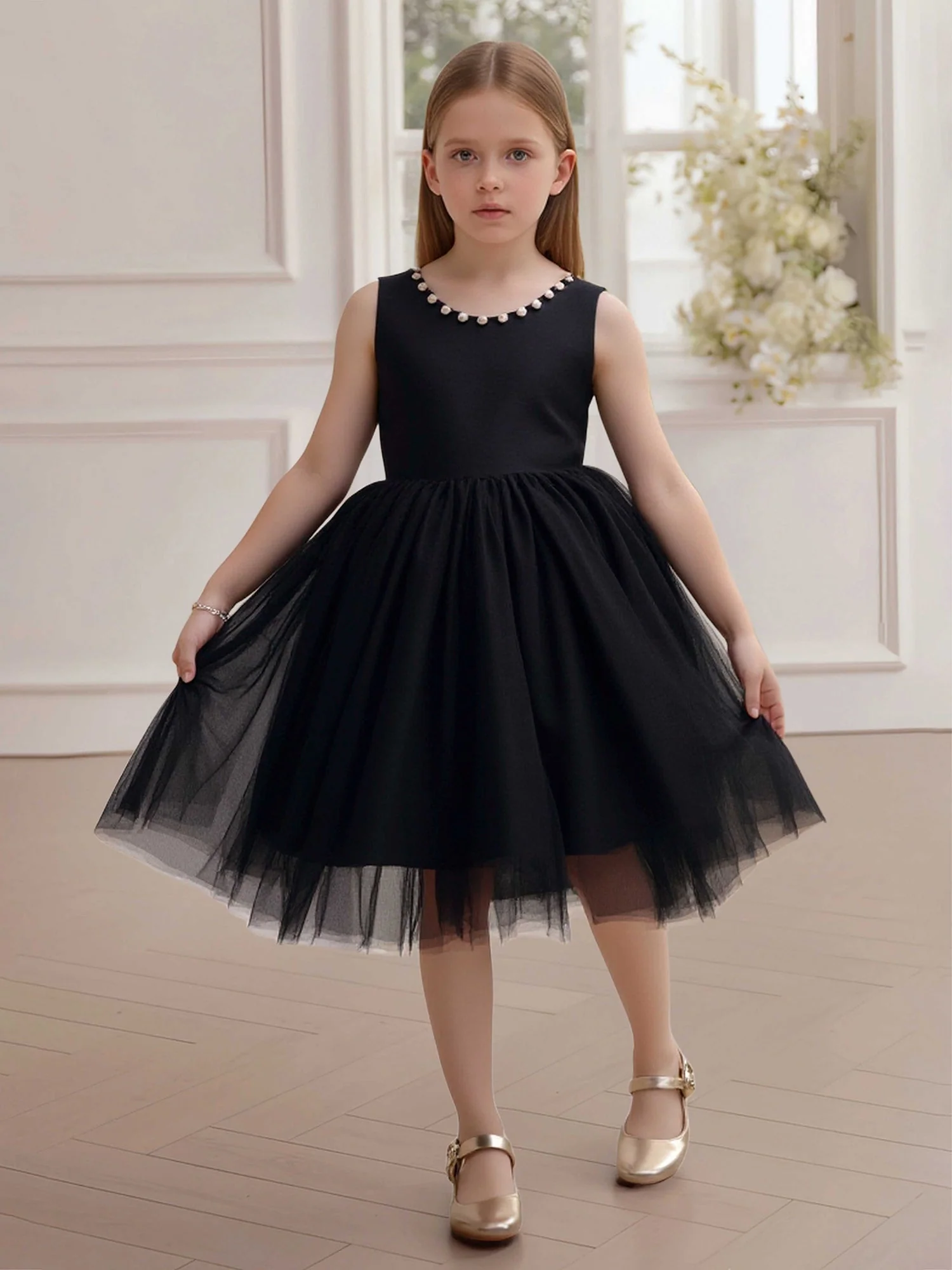 Ärmellos Perlen Trim Oberteil Voll Rock Blumenmädchen Kleid Schwarz