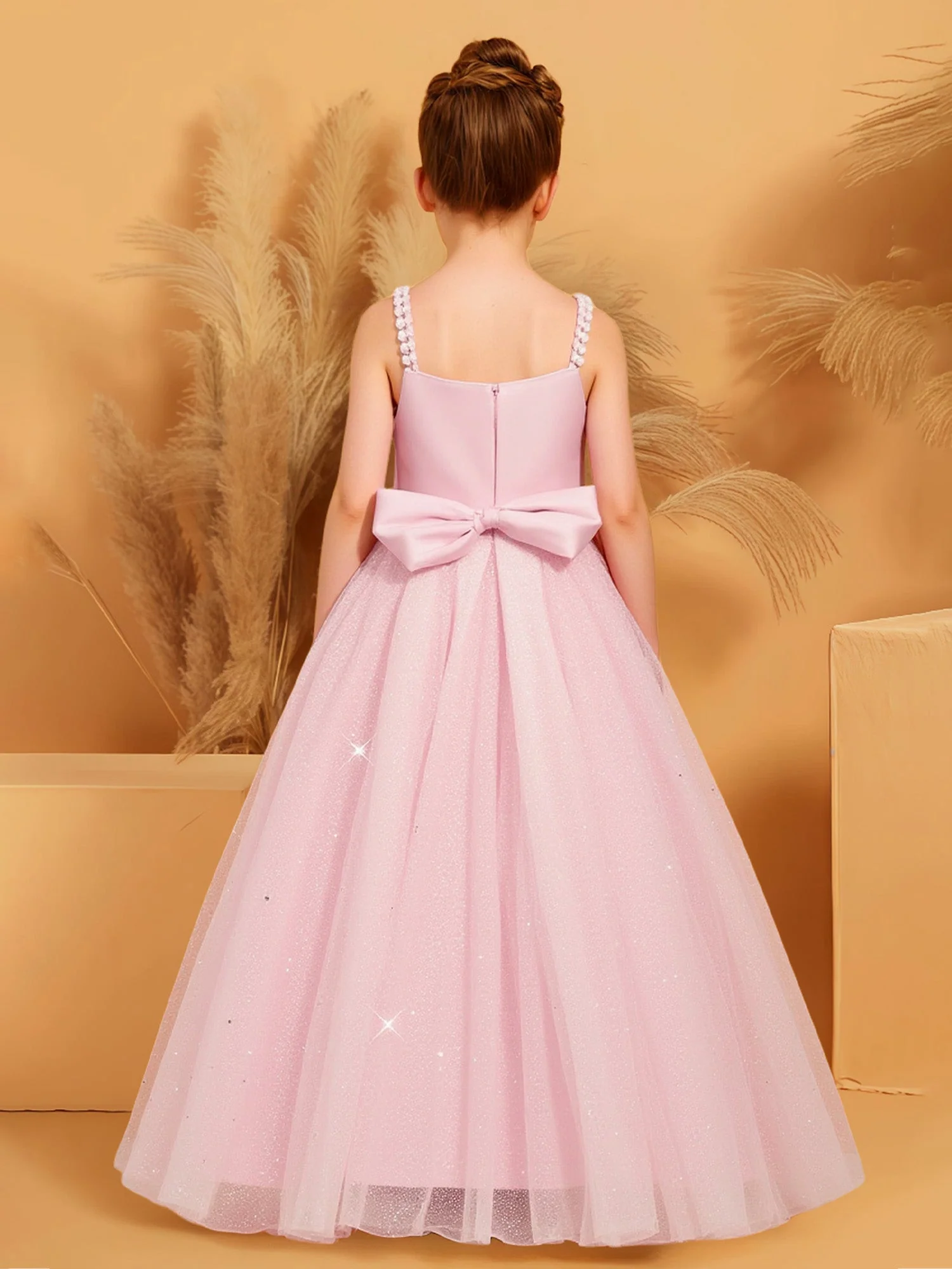 Perlen Träger Gerafft Oberteil Funkel Blumenmädchen Kleid Zartrosa - Image 2
