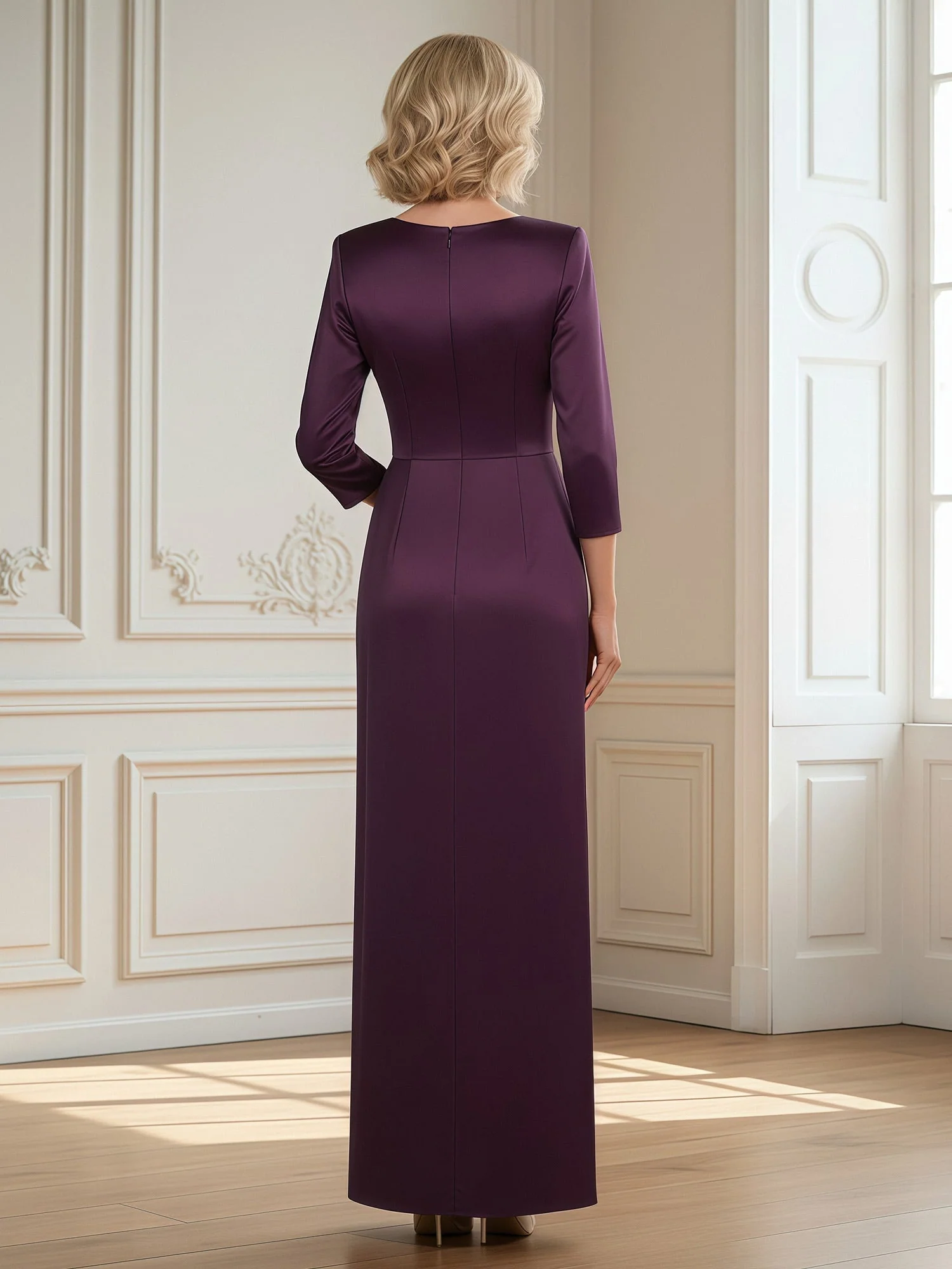 V-Ausschnitt 3/4 Ärmel Etui Schlitz Lang Kleid mit Schleife Champagner - Image 2